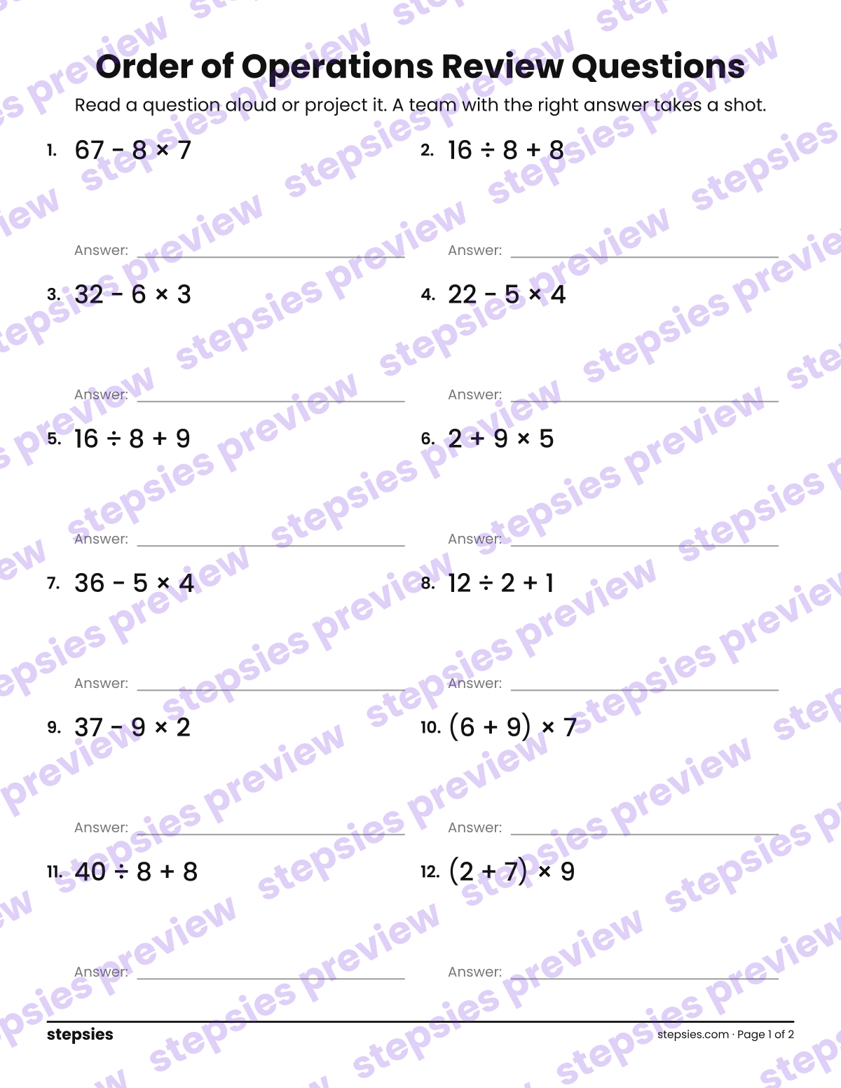Order of Operations: Trashketball Review Questions: page 1 of a printable Grade 5 Math worksheet