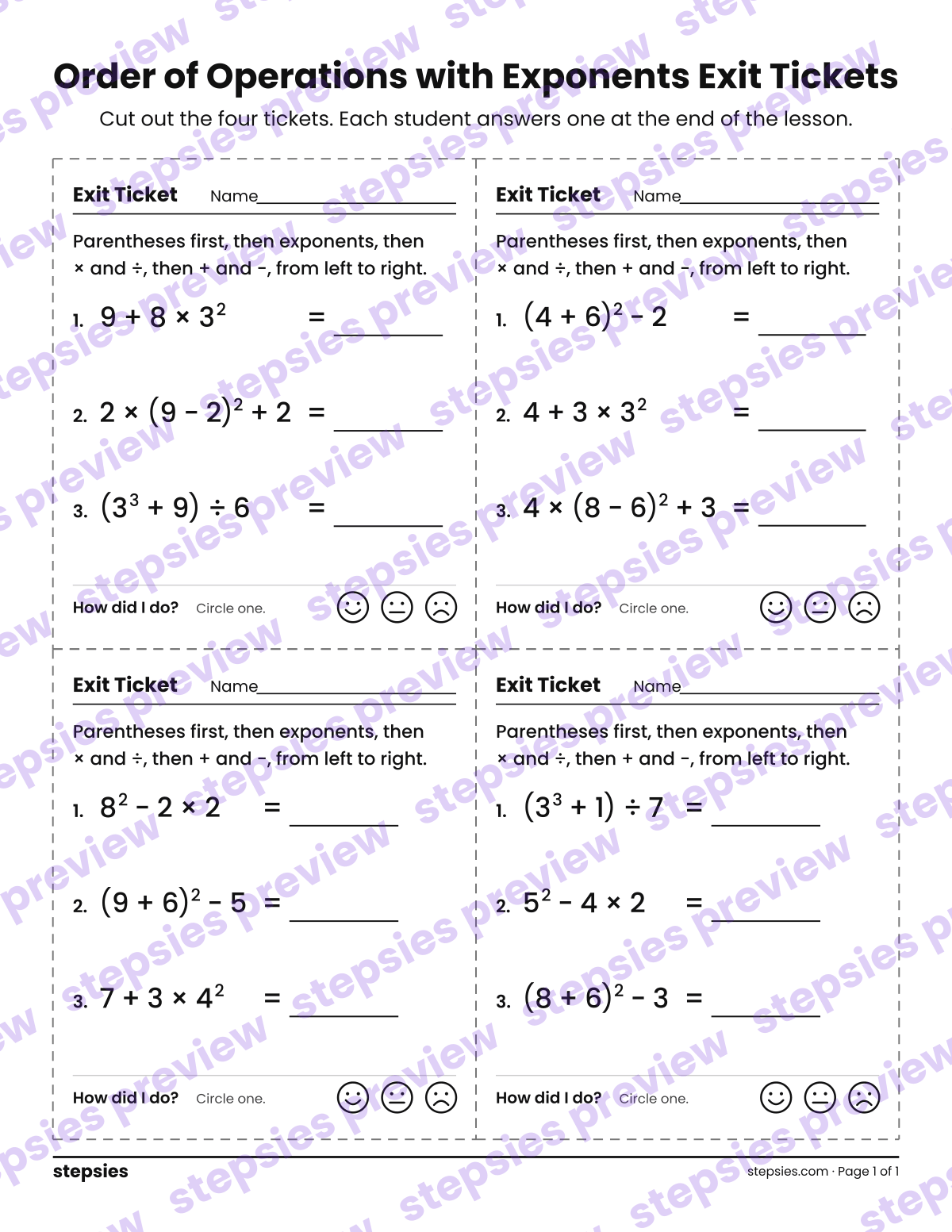 Order of Operations with Exponents Exit Tickets: page 1 of a printable Grade 6 Math worksheet