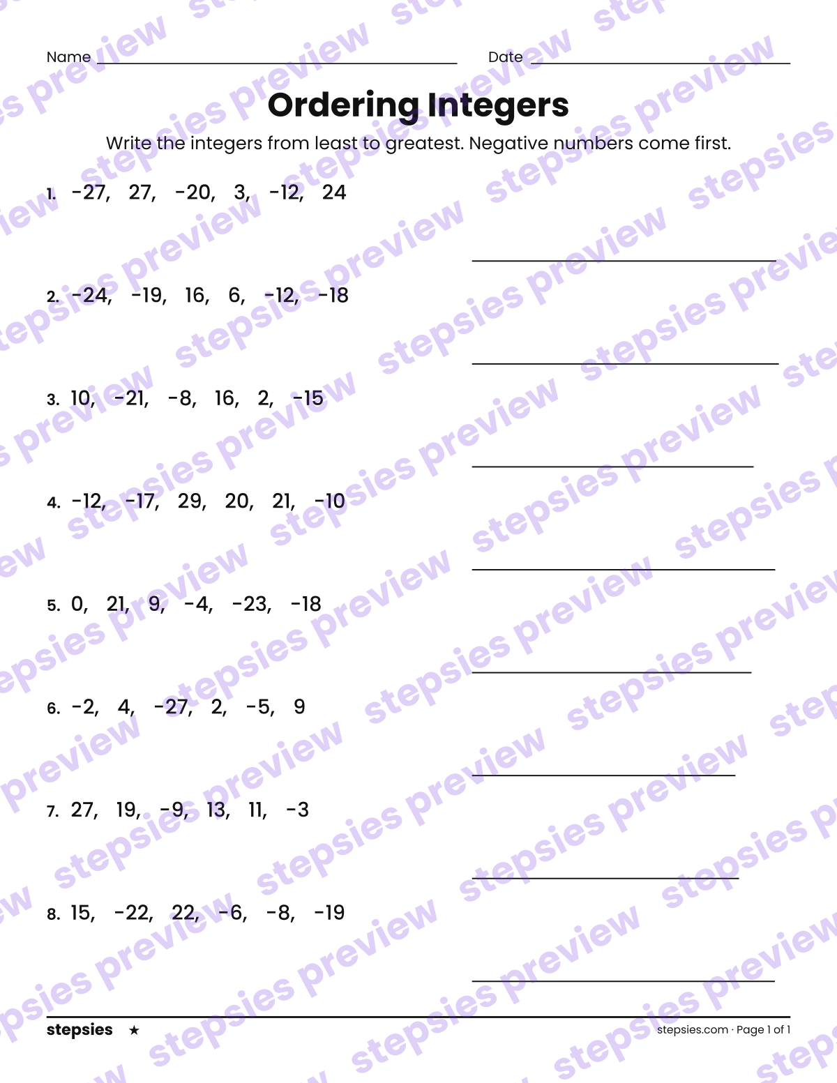 Ordering Integers: page 1 of a printable Grade 6 Math worksheet