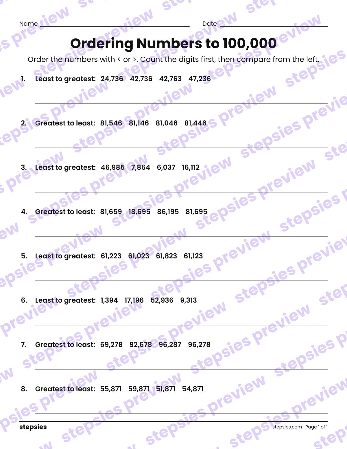 Ordering Numbers to 100,000: page 1 of a printable Grades 4 and 5 Math worksheet
