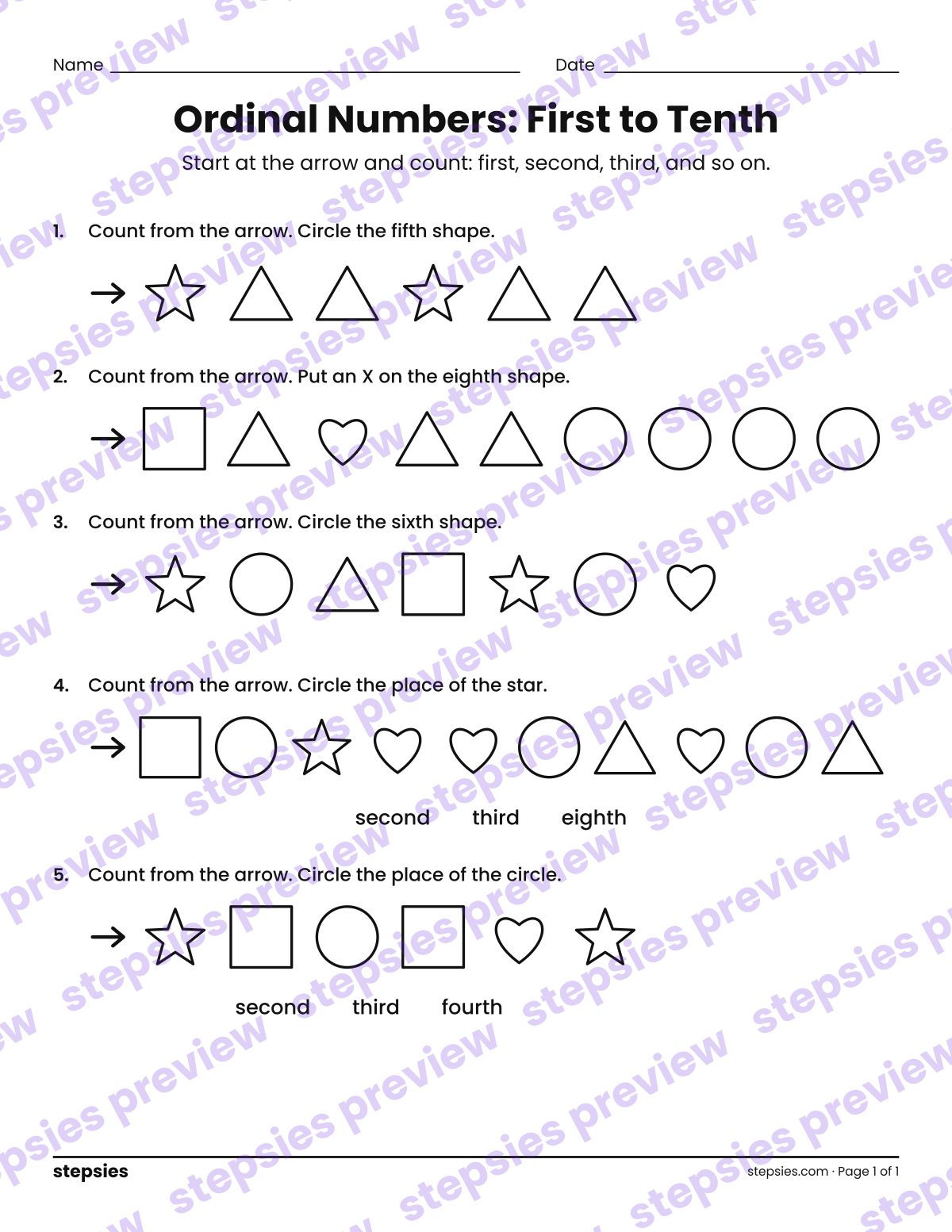 Ordinal Numbers: First to Tenth: page 1 of a printable Kindergarten Math worksheet