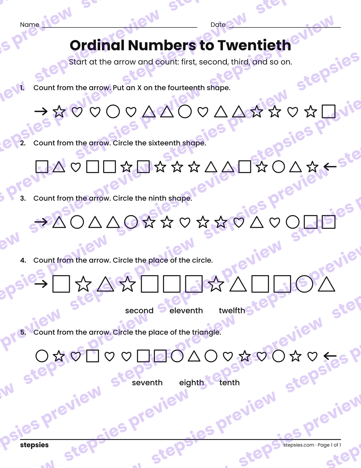 Ordinal Numbers to Twentieth: page 1 of a printable Grade 1 Math worksheet