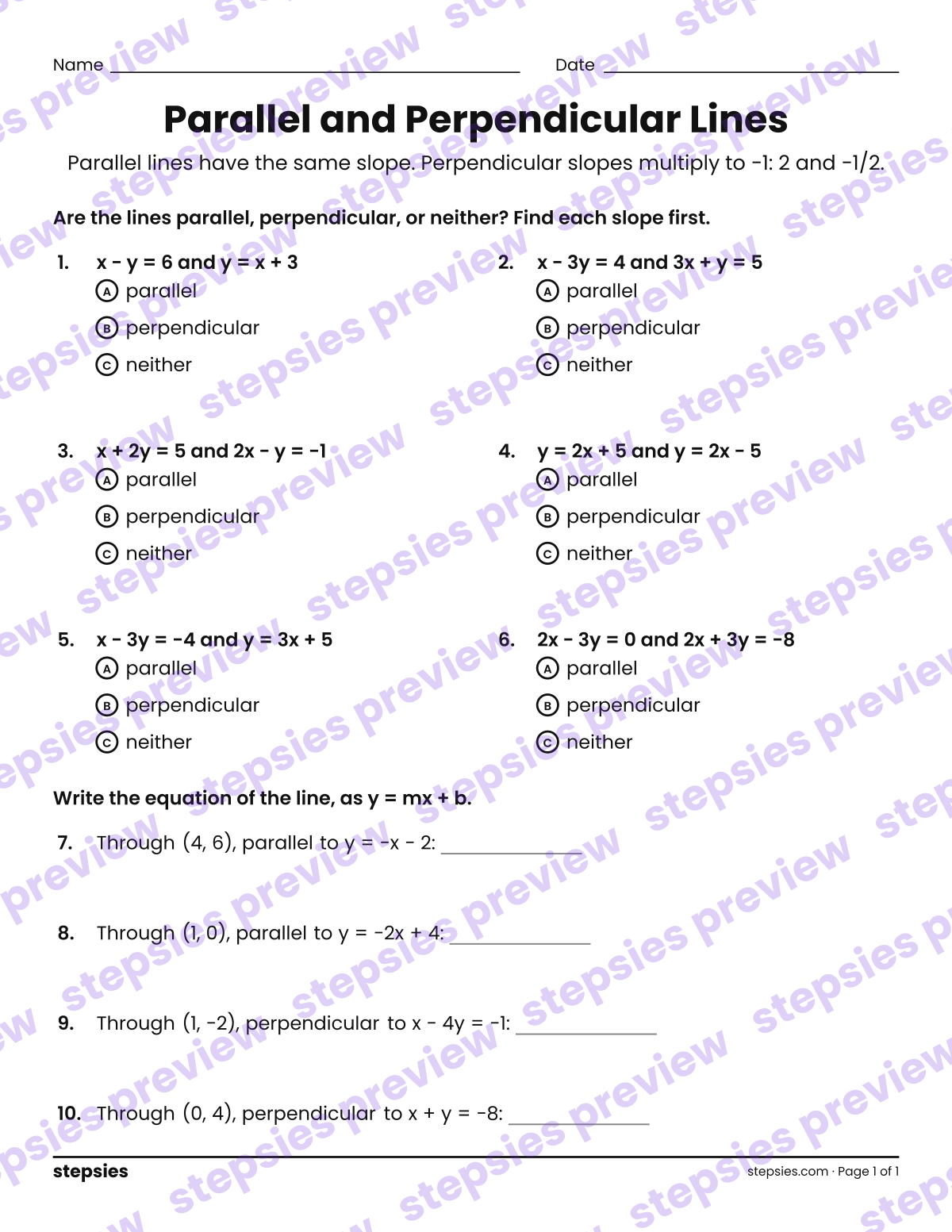Parallel and Perpendicular Lines: page 1 of a printable Grade 8 Math worksheet
