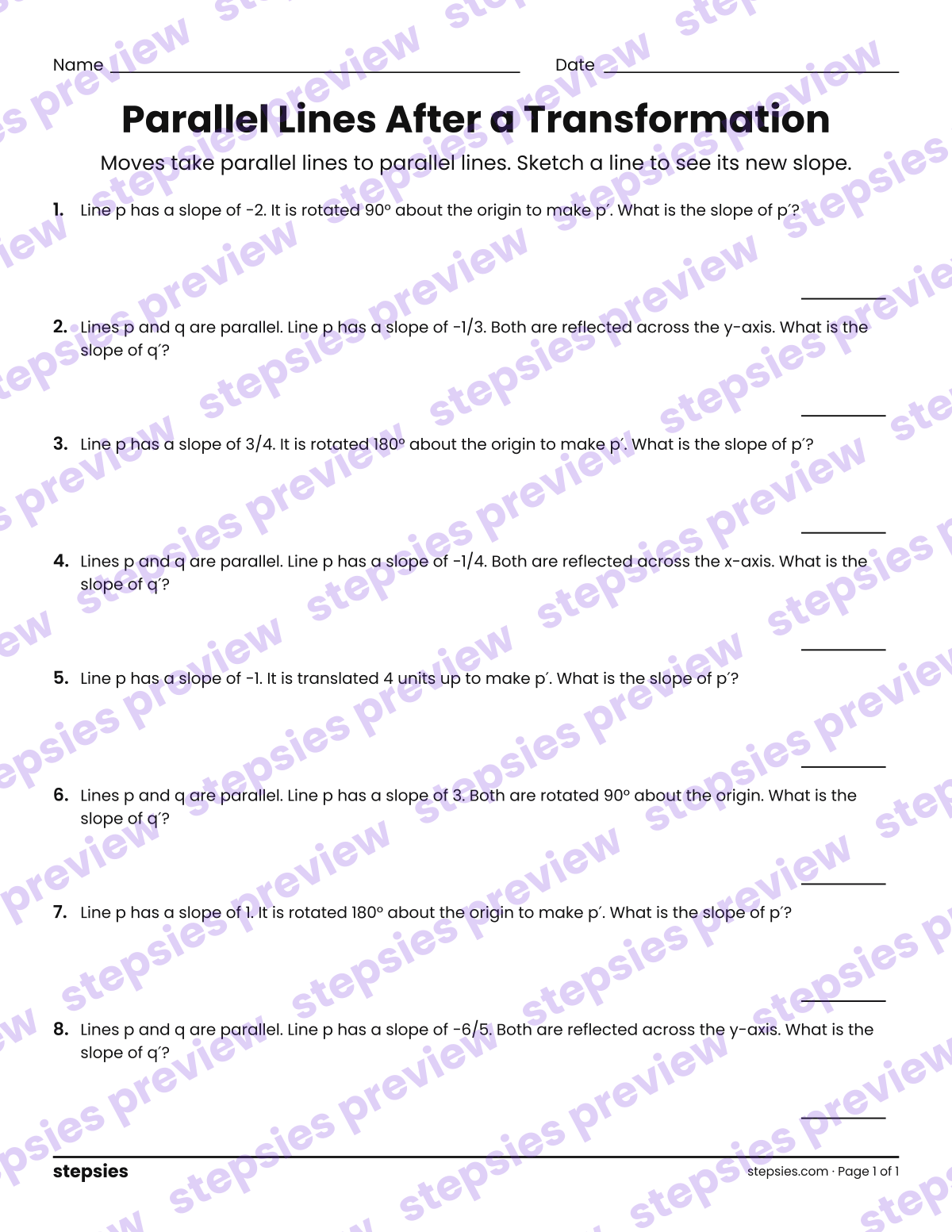 Parallel Lines After a Transformation: page 1 of a printable Grade 8 Math worksheet