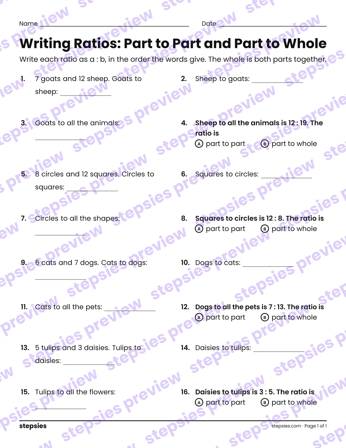 Writing Ratios: Part to Part and Part to Whole: page 1 of a printable Grade 6 Math worksheet