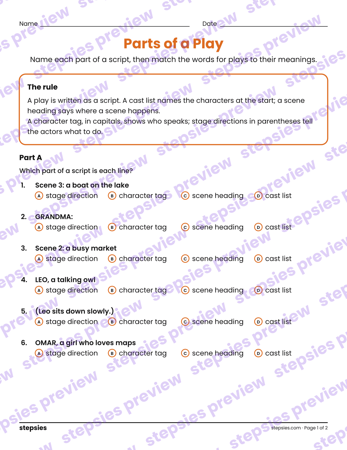 Parts of a Play: page 1 of a printable Grades 4 and 5 Language worksheet