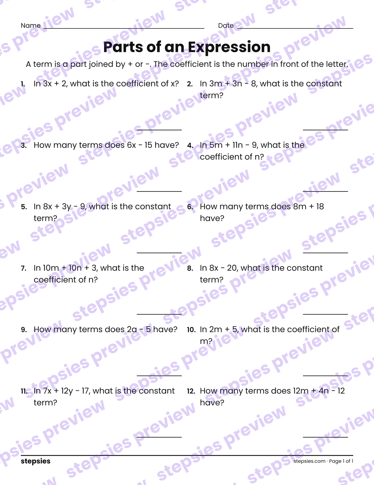 Parts of an Expression: page 1 of a printable Grade 6 Math worksheet