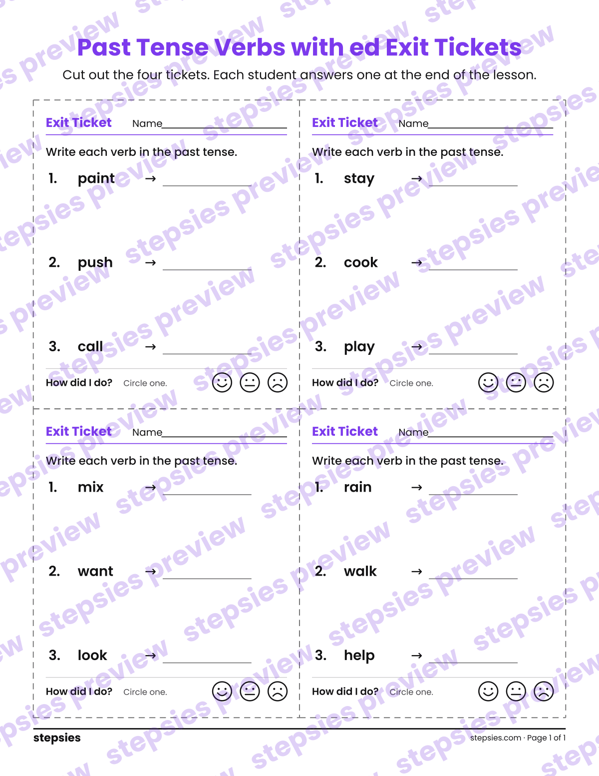 Past Tense Verbs with ed Exit Tickets: page 1 of a printable Grades 1 and 2 Language worksheet
