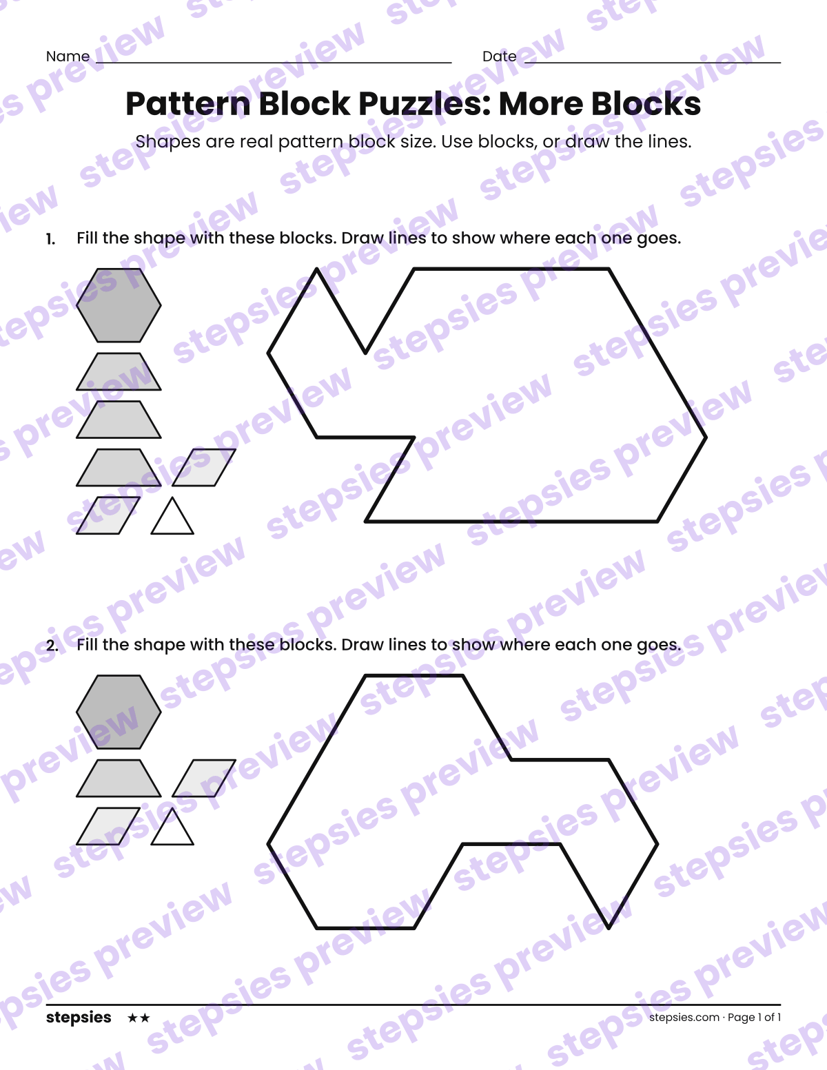 Pattern Block Puzzles: More Blocks: page 1 of a printable Grades K–2 Math worksheet
