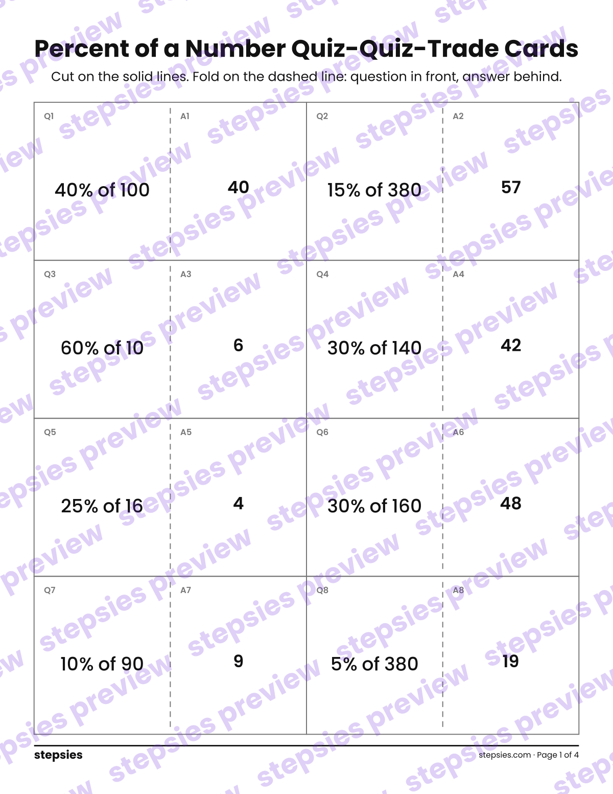 Percent of a Number: Quiz-Quiz-Trade Cards: page 1 of a printable Grade 6 Math worksheet