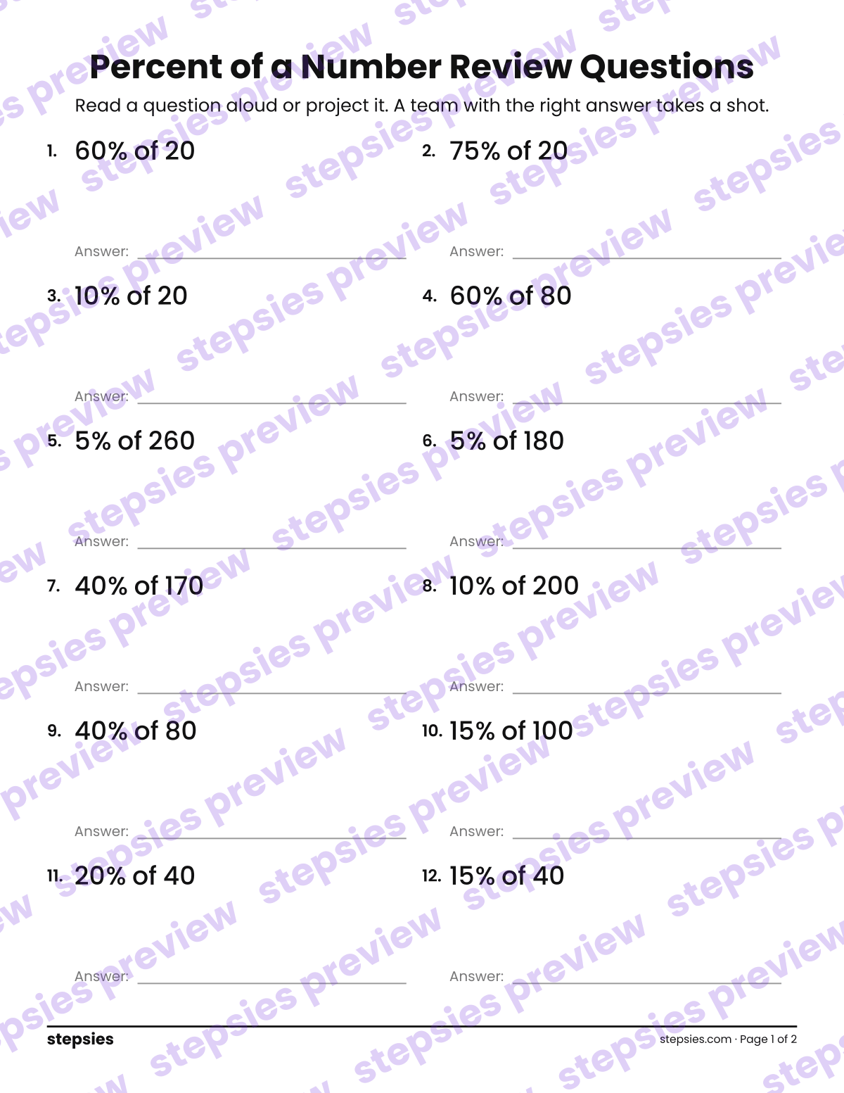 Percent of a Number: Trashketball Review Questions: page 1 of a printable Grade 6 Math worksheet