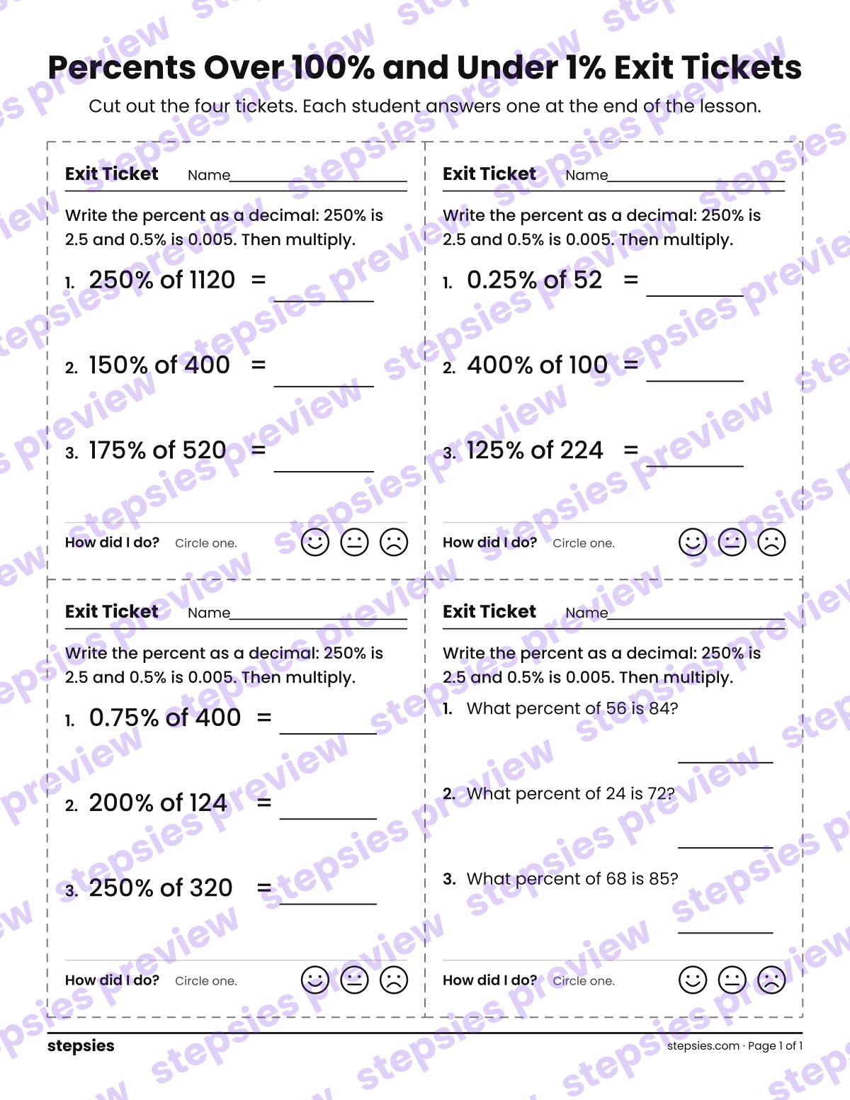 Percents Over 100% and Under 1% Exit Tickets: page 1 of a printable Grade 8 Math worksheet