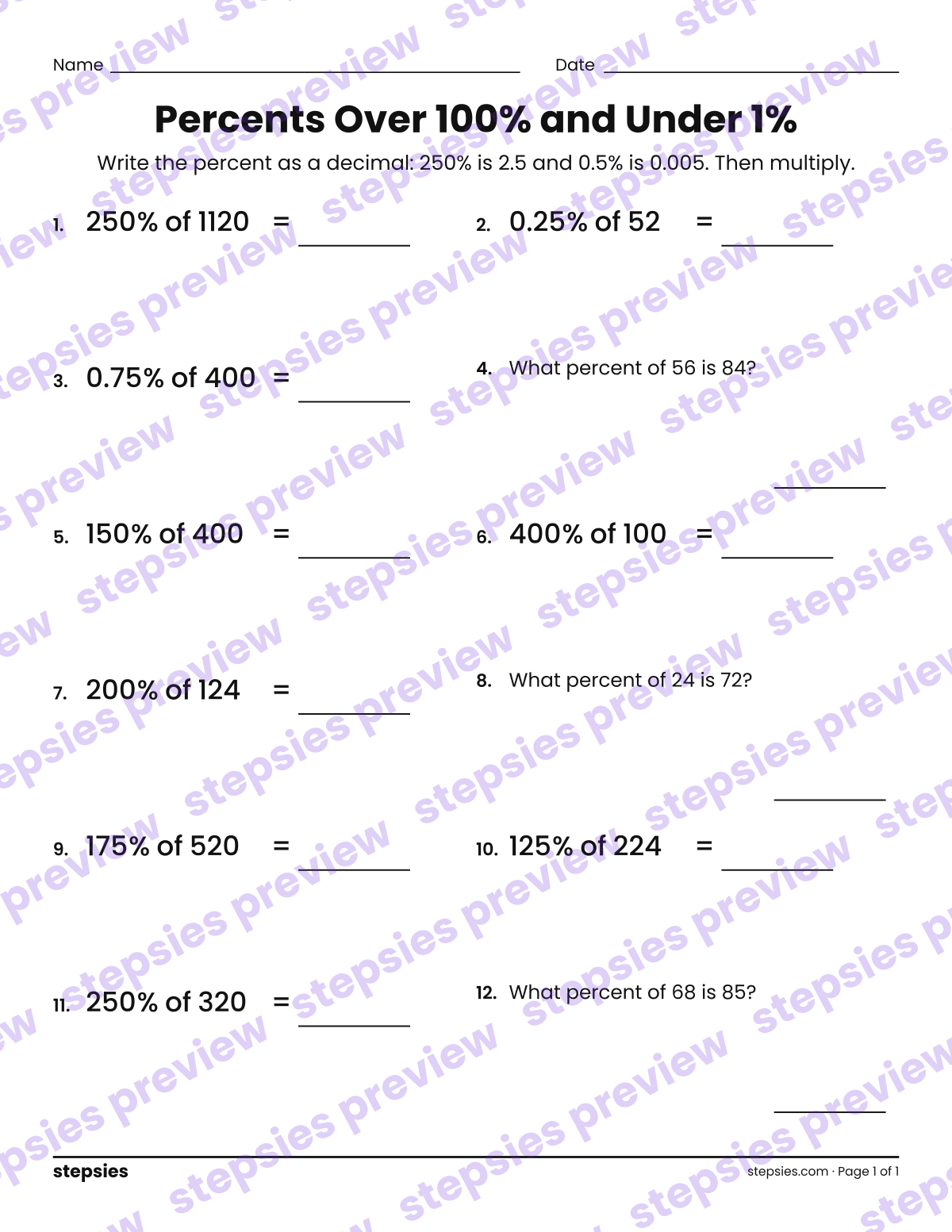 Percents Over 100% and Under 1%: page 1 of a printable Grade 8 Math worksheet