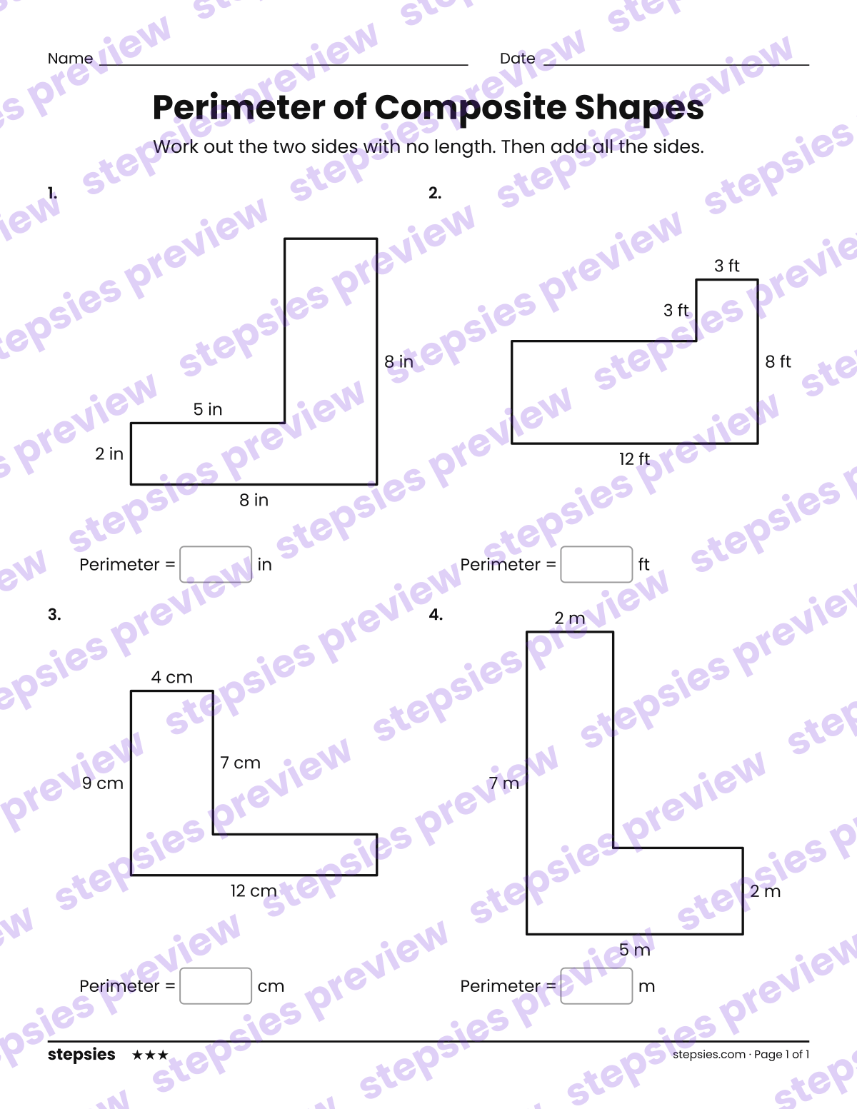 Perimeter of Composite Shapes: page 1 of a printable Grades 3–5 Math worksheet