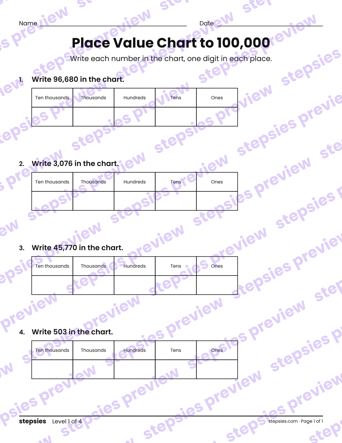 Place Value Chart to 100,000: page 1 of a printable Grades 3 and 5 Math worksheet