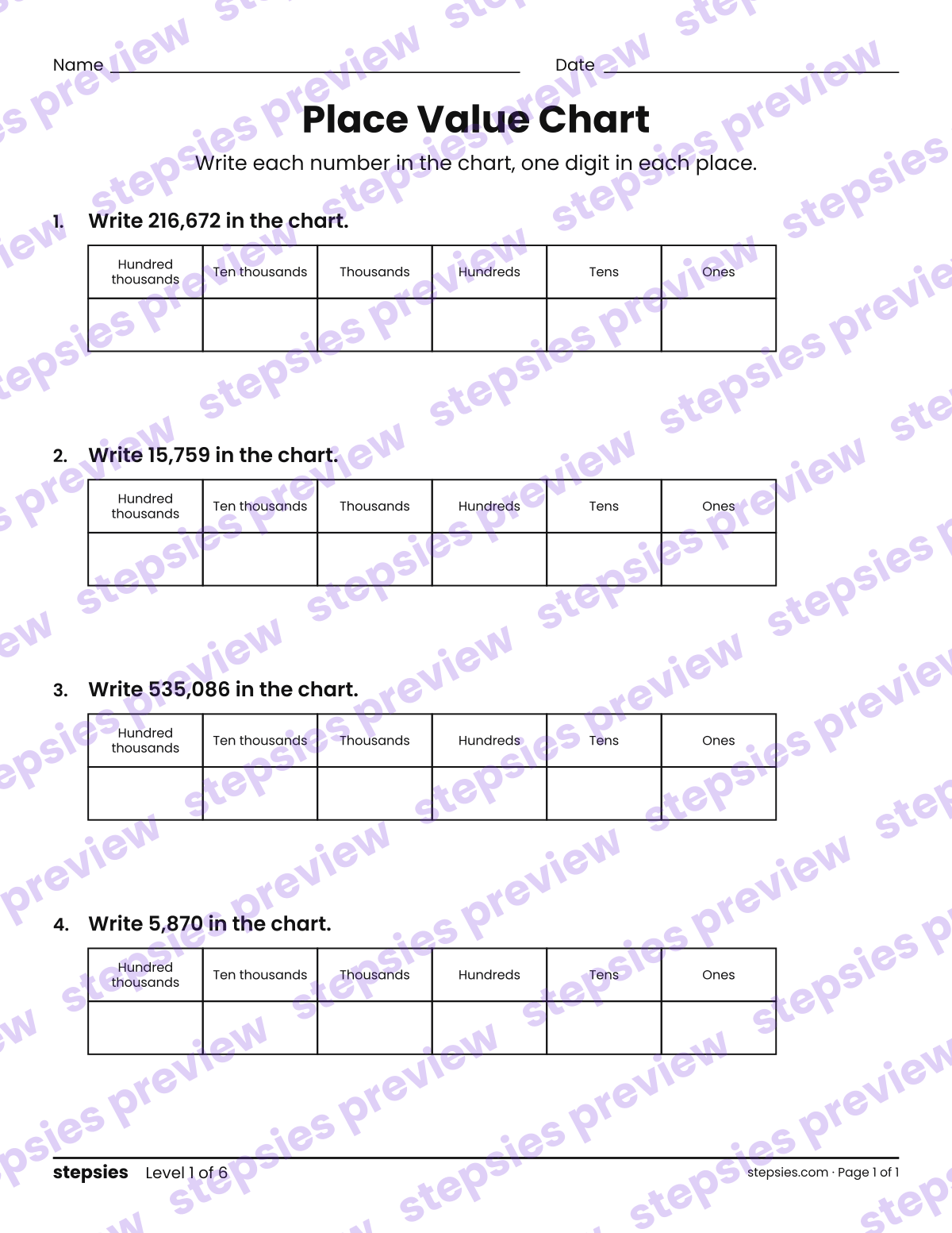 Place Value Chart: page 1 of a printable Grades 4 and 5 Math worksheet