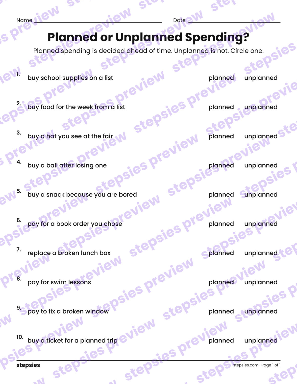 Planned or Unplanned Spending?: page 1 of a printable Grade 3 Math worksheet