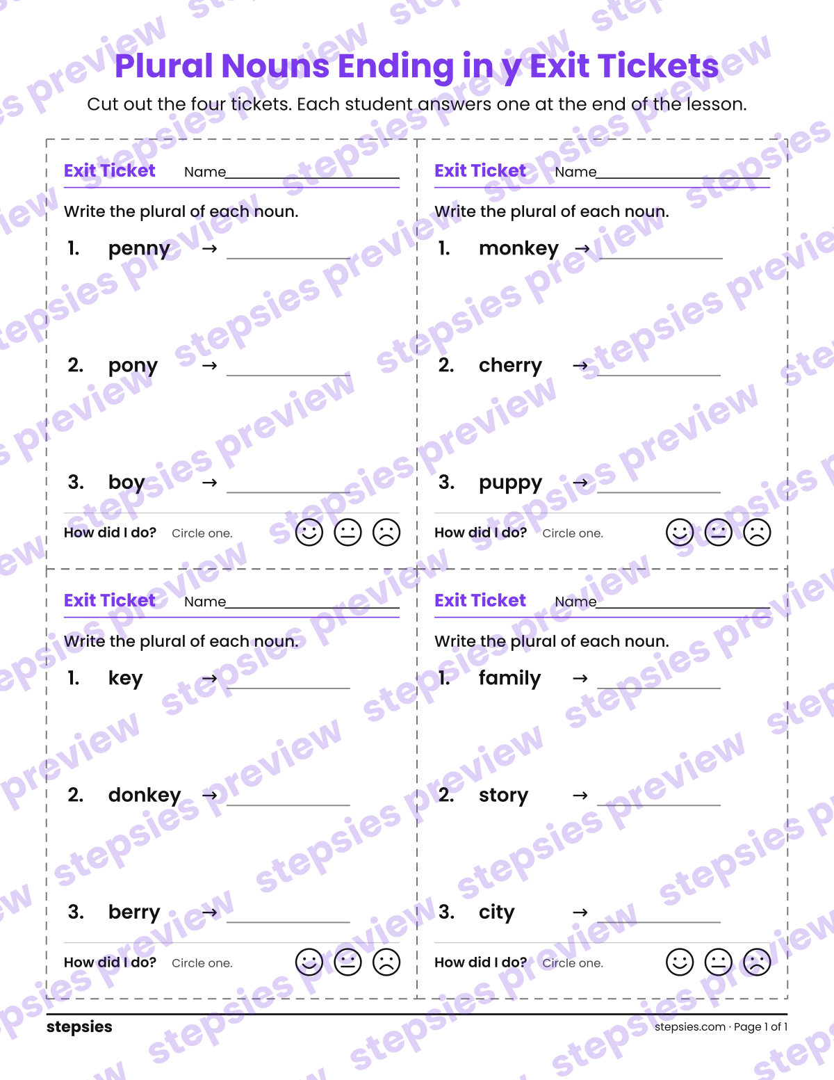 Plural Nouns Ending in y Exit Tickets: page 1 of a printable Grades 2 and 3 Language worksheet