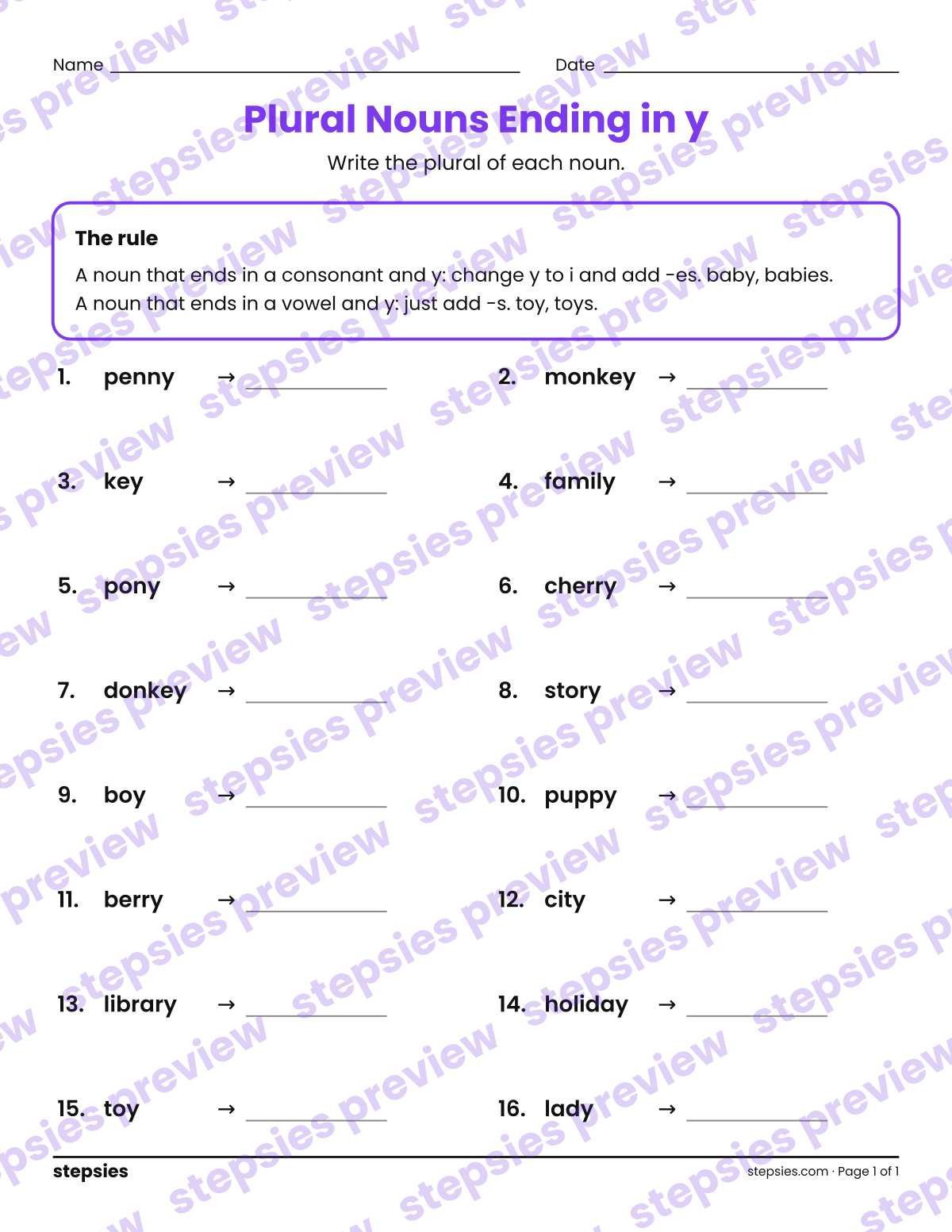 Plural Nouns Ending in y: page 1 of a printable Grades 2 and 3 Language worksheet