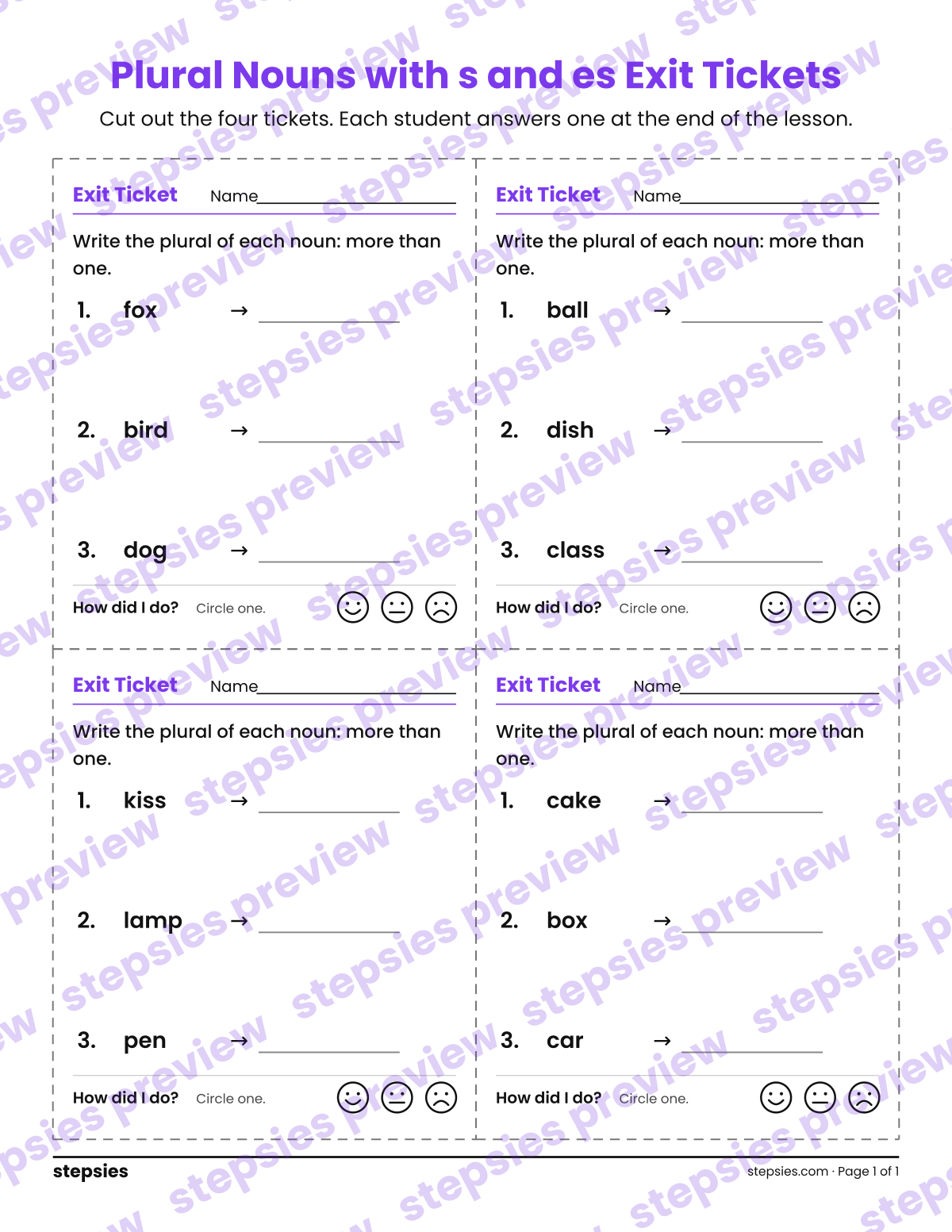 Plural Nouns with s and es Exit Tickets: page 1 of a printable Grades 1 and 2 Language worksheet
