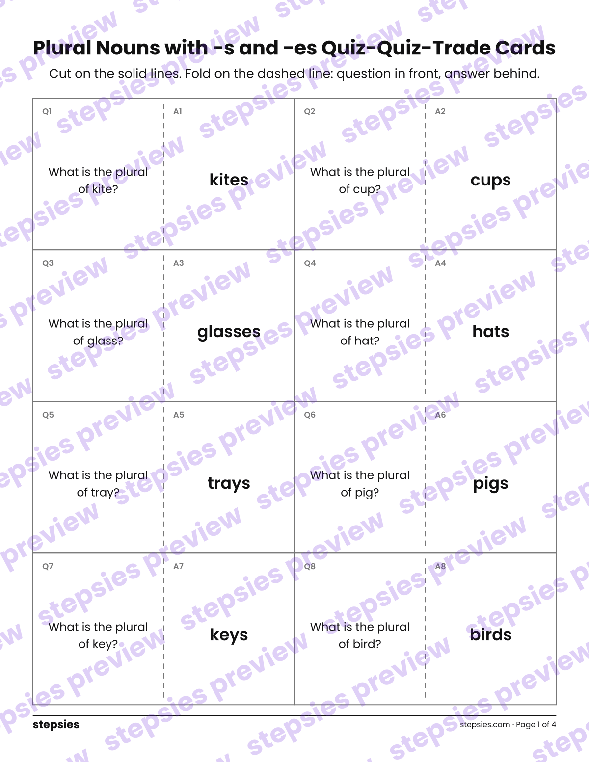 Plural Nouns with -s and -es: Quiz-Quiz-Trade Cards: page 1 of a printable Grade 1 Language worksheet