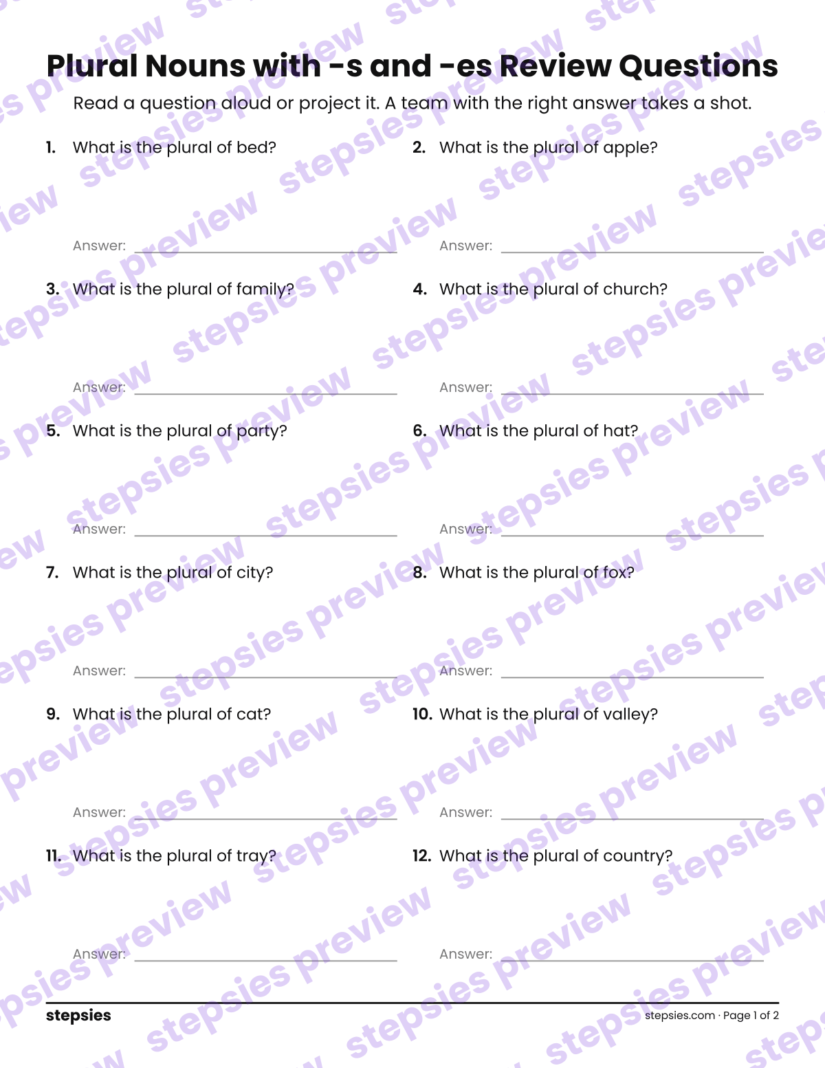 Plural Nouns with -s and -es: Trashketball Review Questions: page 1 of a printable Grade 1 Language worksheet