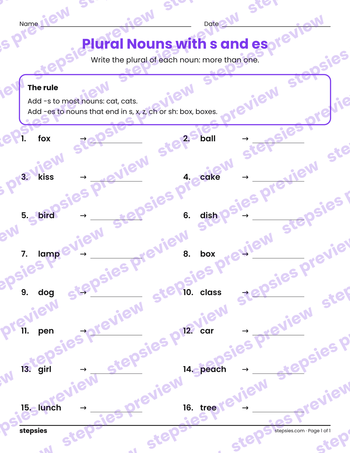 Plural Nouns with s and es: page 1 of a printable Grades 1 and 2 Language worksheet