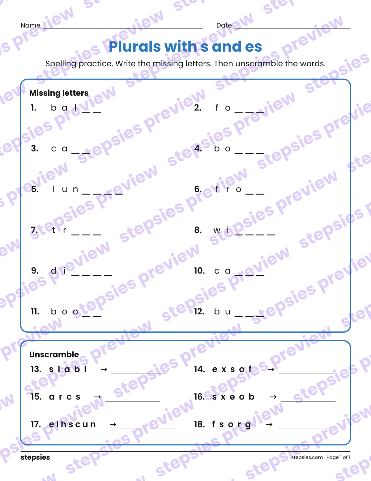 Plurals with s and es: Spelling Practice: page 1 of a printable Grade 2 Language worksheet