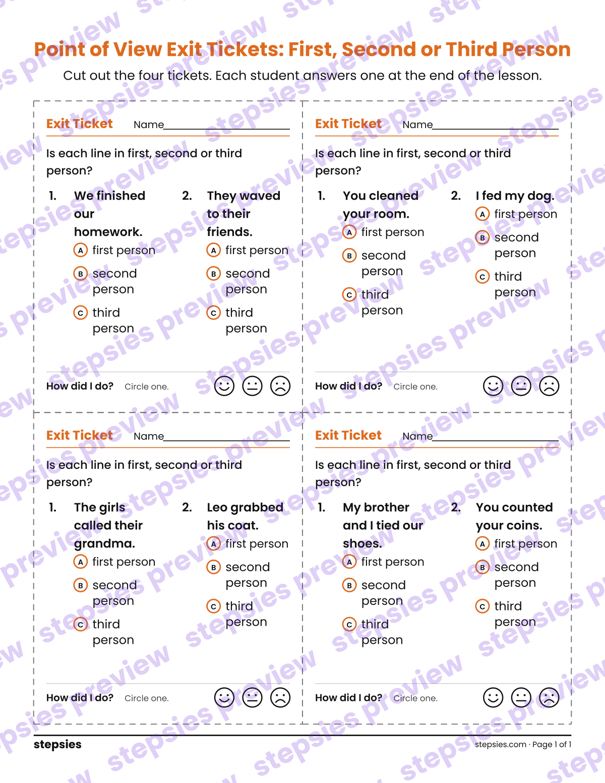 Point of View Exit Tickets: First, Second or Third Person: page 1 of a printable Grades 4 and 5 Language worksheet