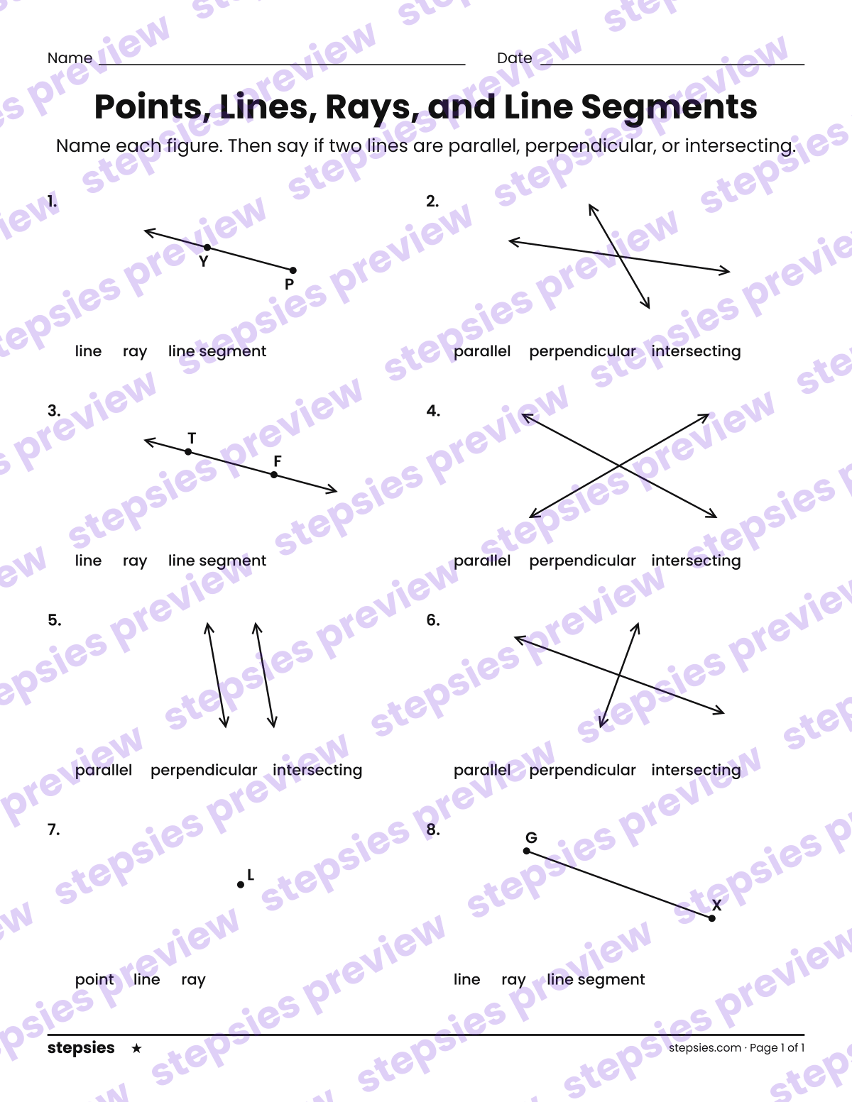 Points, Lines, Rays, and Line Segments: page 1 of a printable Grade 3 Math worksheet