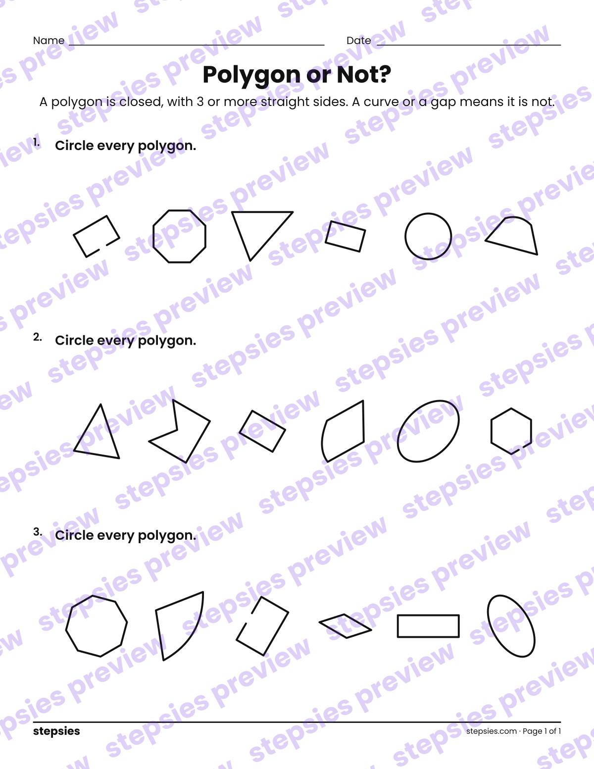 Polygon or Not?: page 1 of a printable Grades 2 and 3 Math worksheet