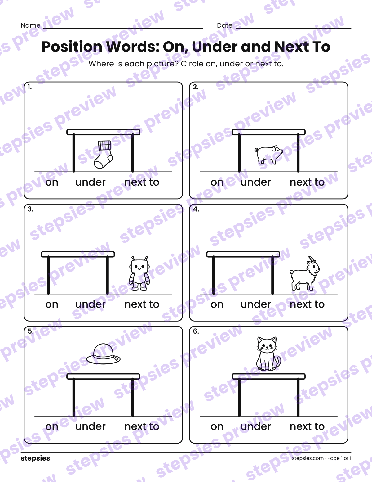 Position Words: On, Under and Next To: page 1 of a printable Kindergarten Language worksheet