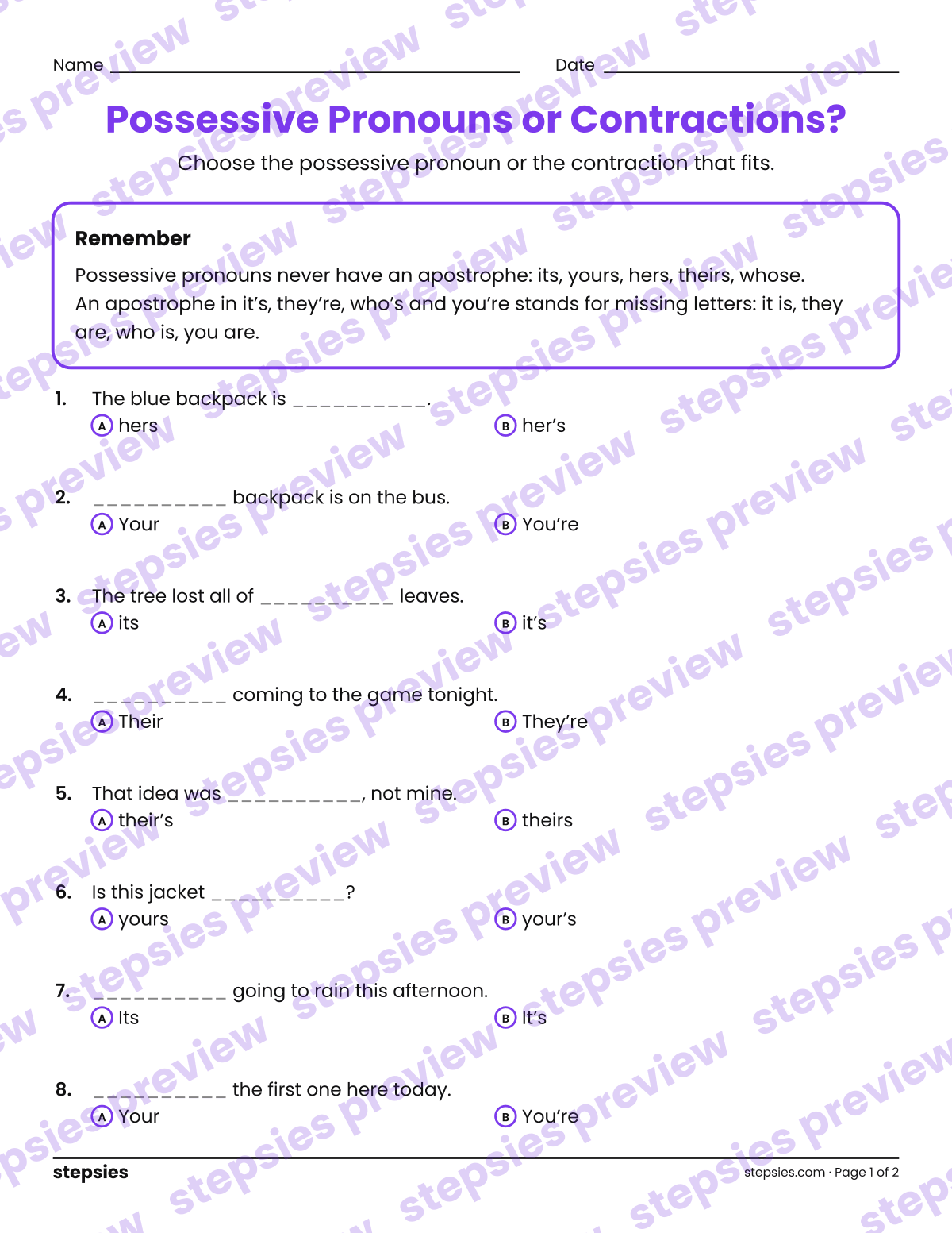 Possessive Pronouns or Contractions?: page 1 of a printable Grades 6–8 Language worksheet