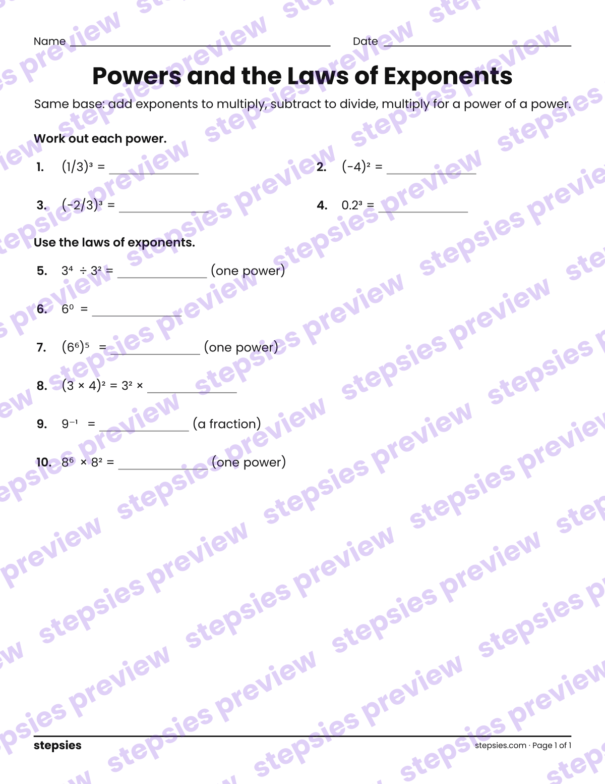 Powers and the Laws of Exponents: page 1 of a printable Grade 7 Math worksheet