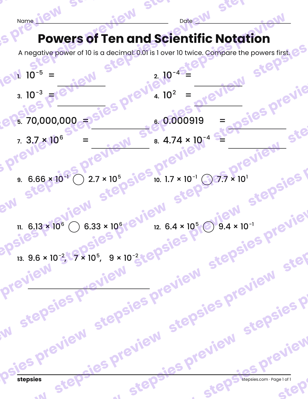 Powers of Ten and Scientific Notation: page 1 of a printable Grade 7 Math worksheet