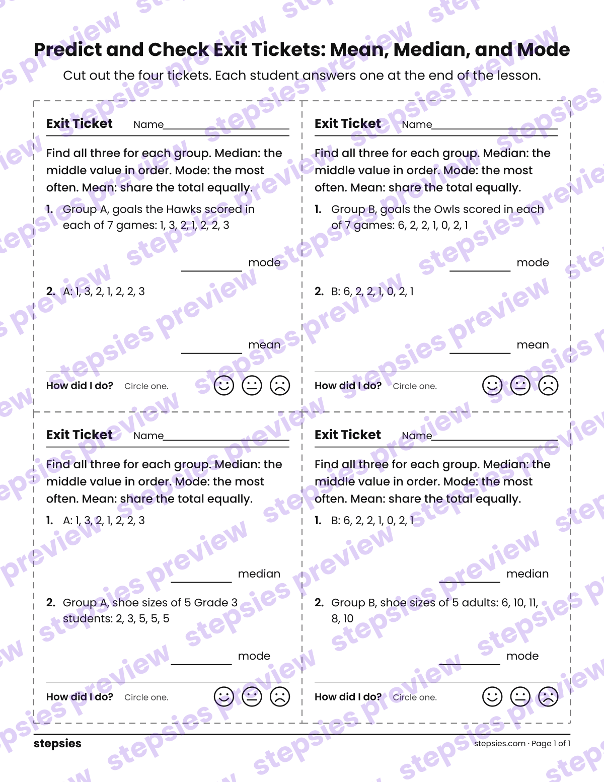 Predict and Check Exit Tickets: Mean, Median, and Mode: page 1 of a printable Grade 4 Math worksheet