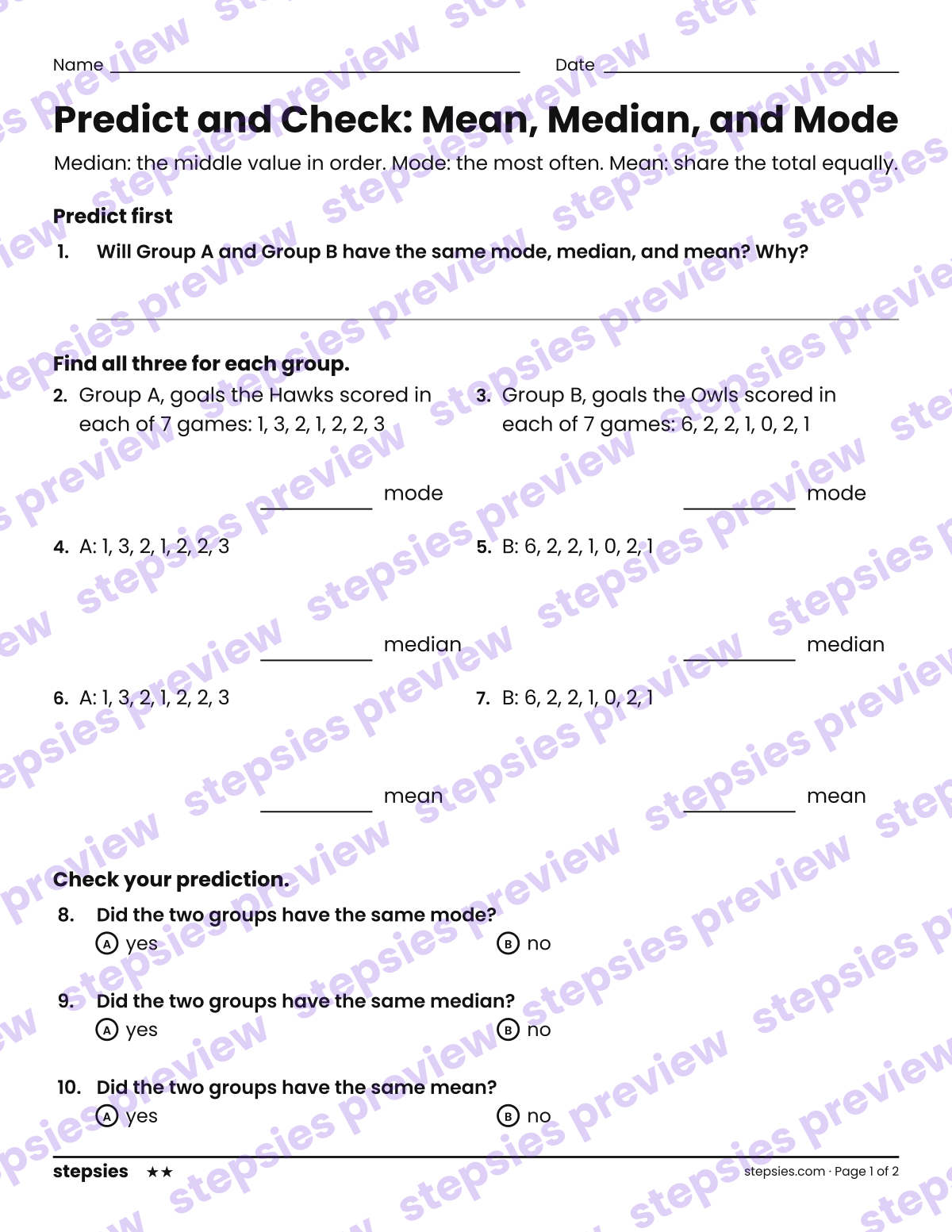 Predict and Check: Mean, Median, and Mode: page 1 of a printable Grade 4 Math worksheet