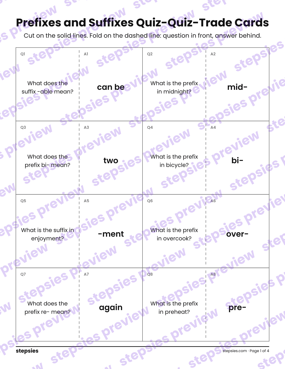Prefixes and Suffixes: Quiz-Quiz-Trade Cards: page 1 of a printable Grade 3 Language worksheet