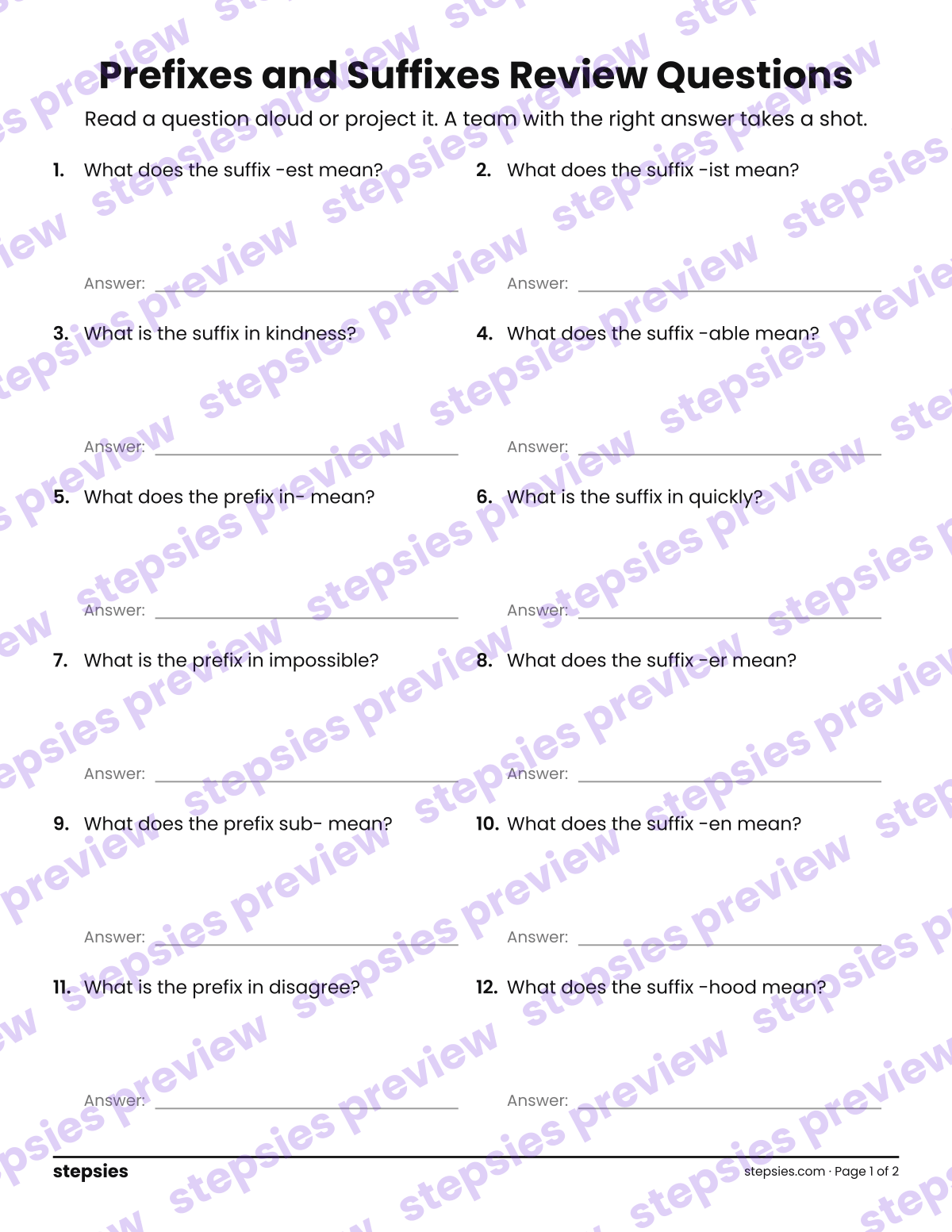 Prefixes and Suffixes: Trashketball Review Questions: page 1 of a printable Grade 3 Language worksheet