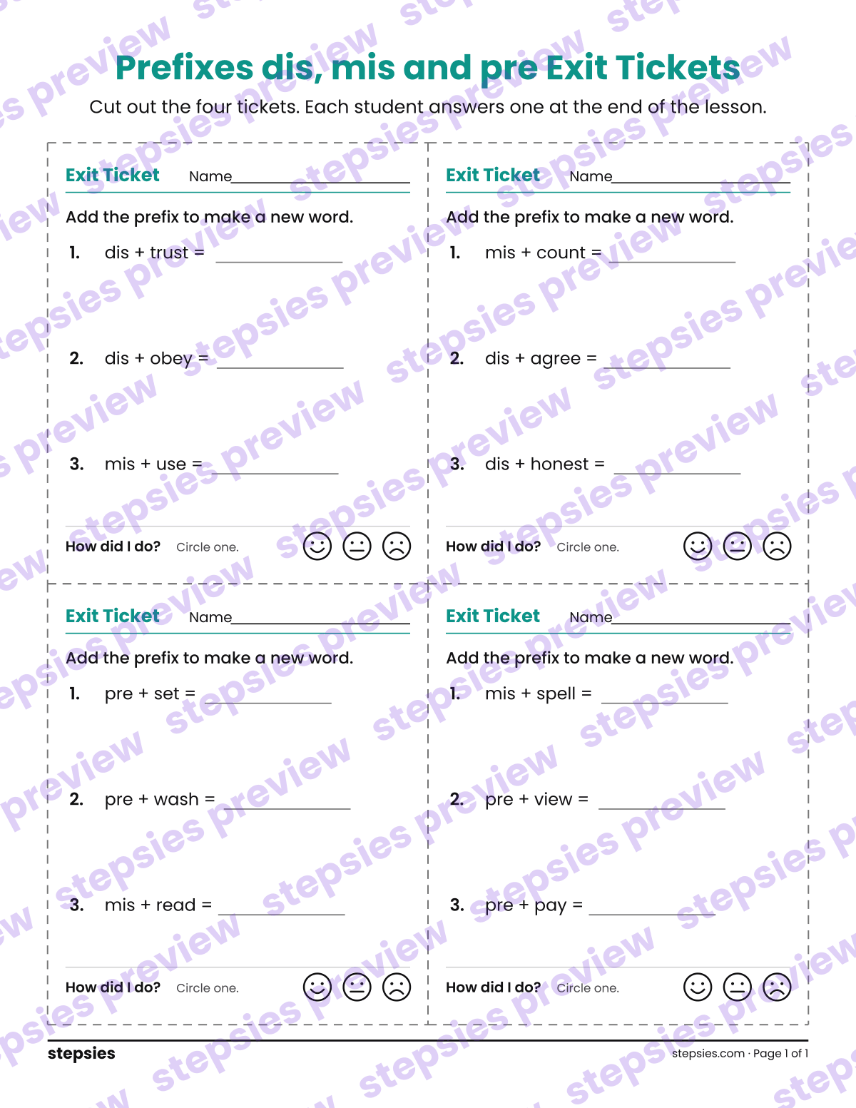 Prefixes dis, mis and pre Exit Tickets: page 1 of a printable Grades 3 and 4 Language worksheet