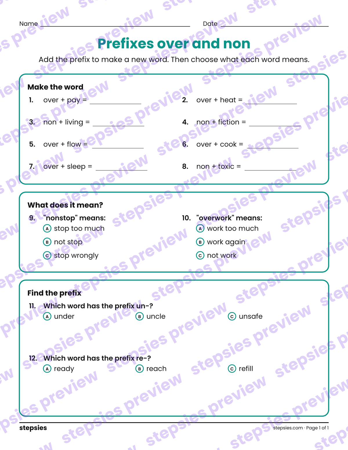 Prefixes over and non: page 1 of a printable Grades 4 and 5 Language worksheet