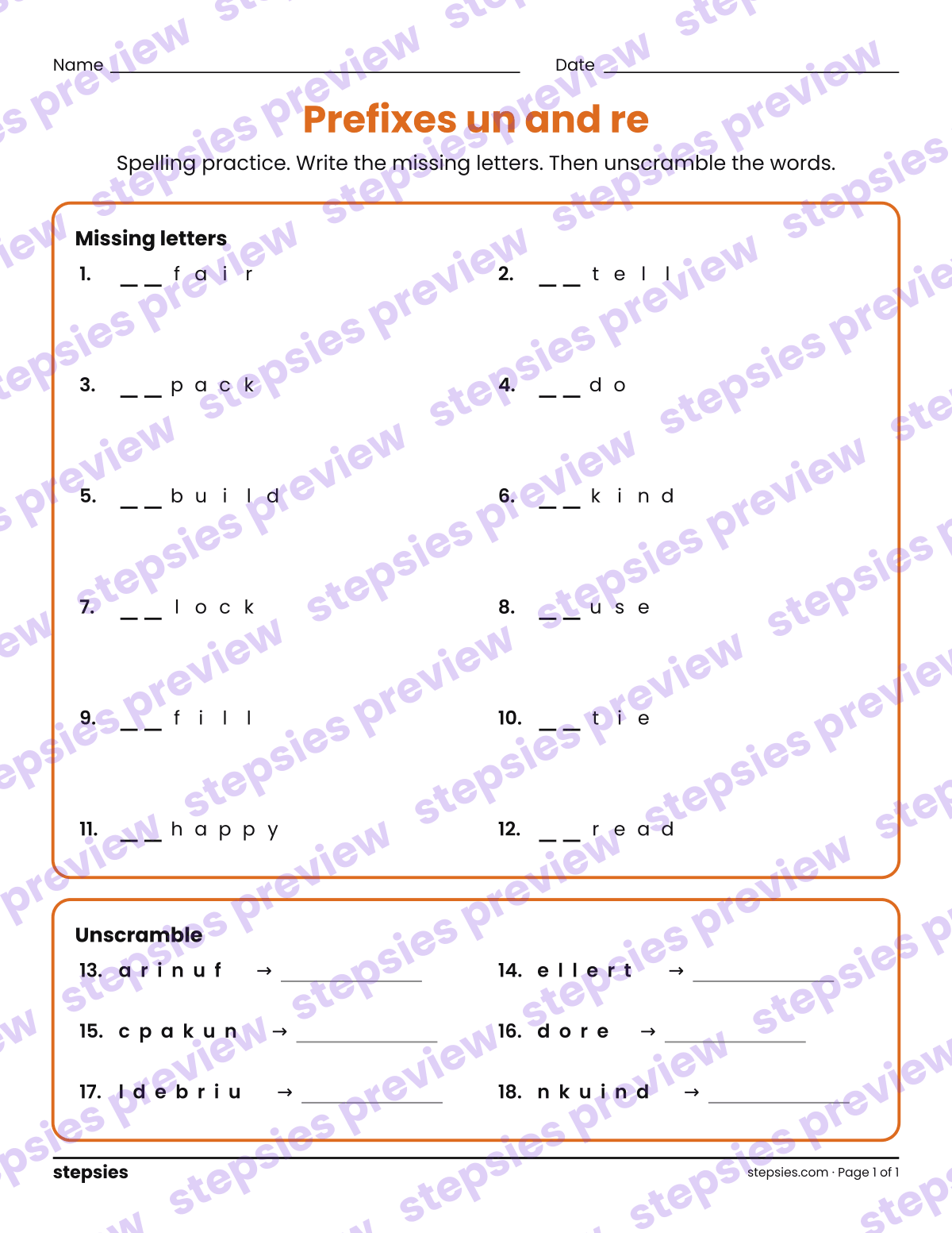 Prefixes un and re: Spelling Practice: page 1 of a printable Grade 3 Language worksheet