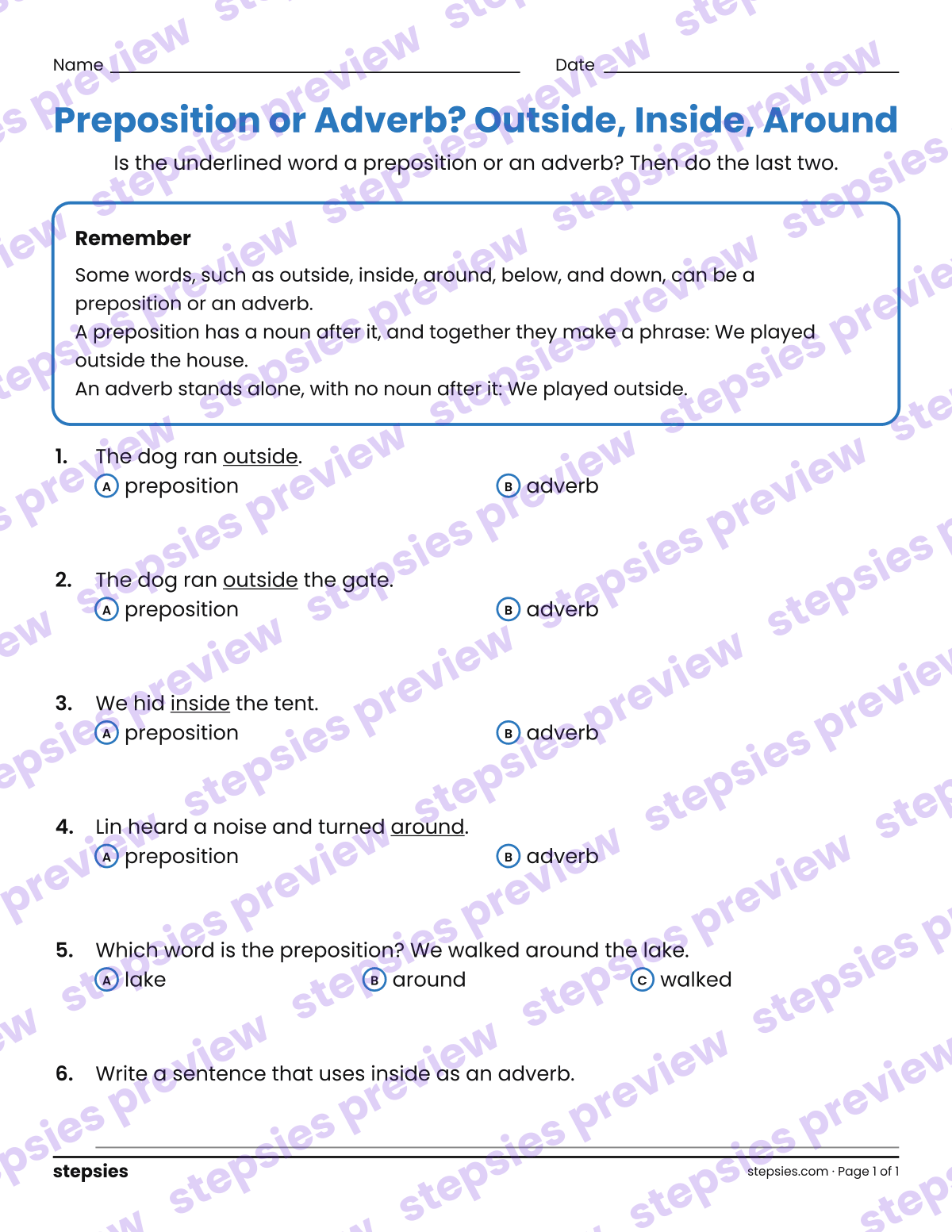 Preposition or Adverb? Outside, Inside, Around: page 1 of a printable Grades 3 and 4 Language worksheet