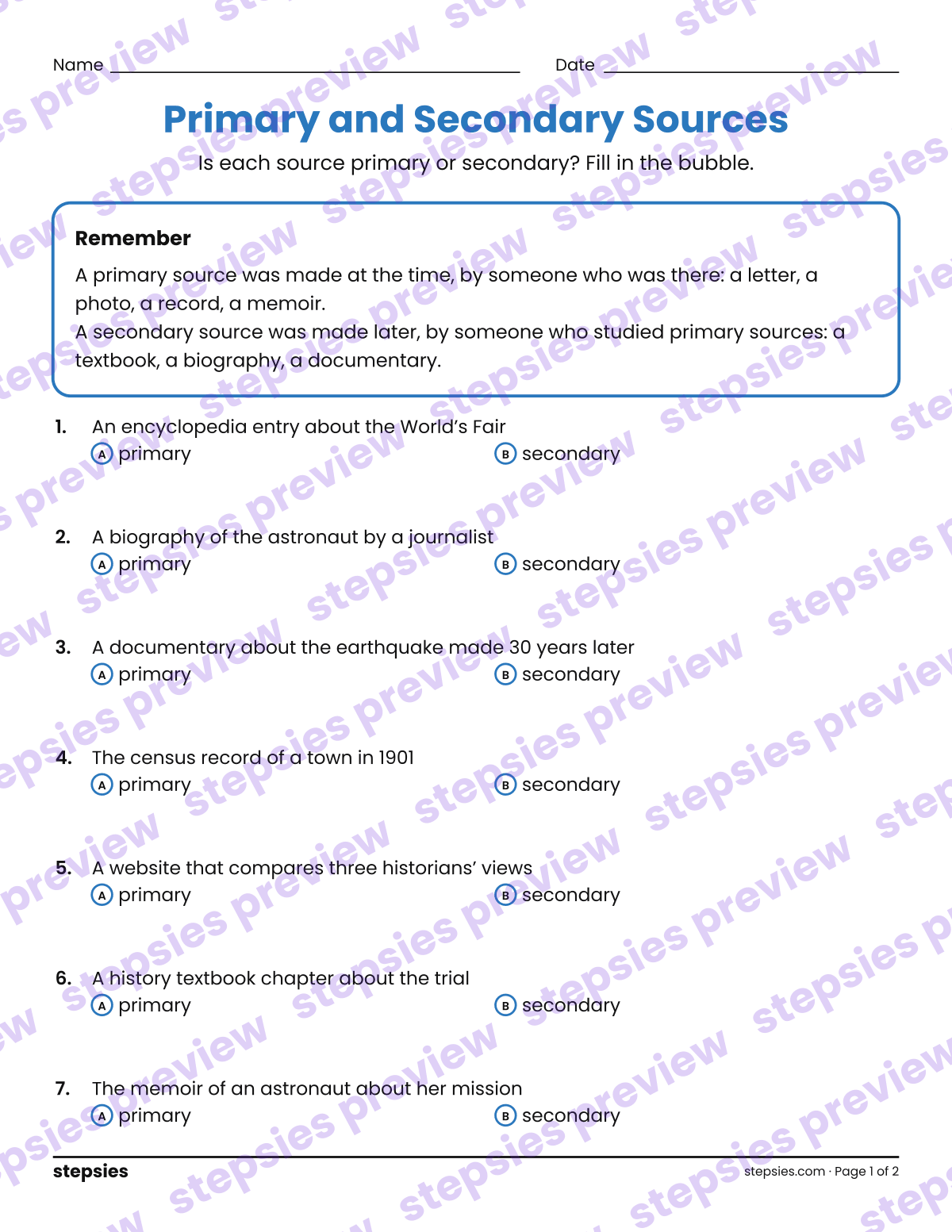 Primary and Secondary Sources: page 1 of a printable Grades 6–8 Language worksheet