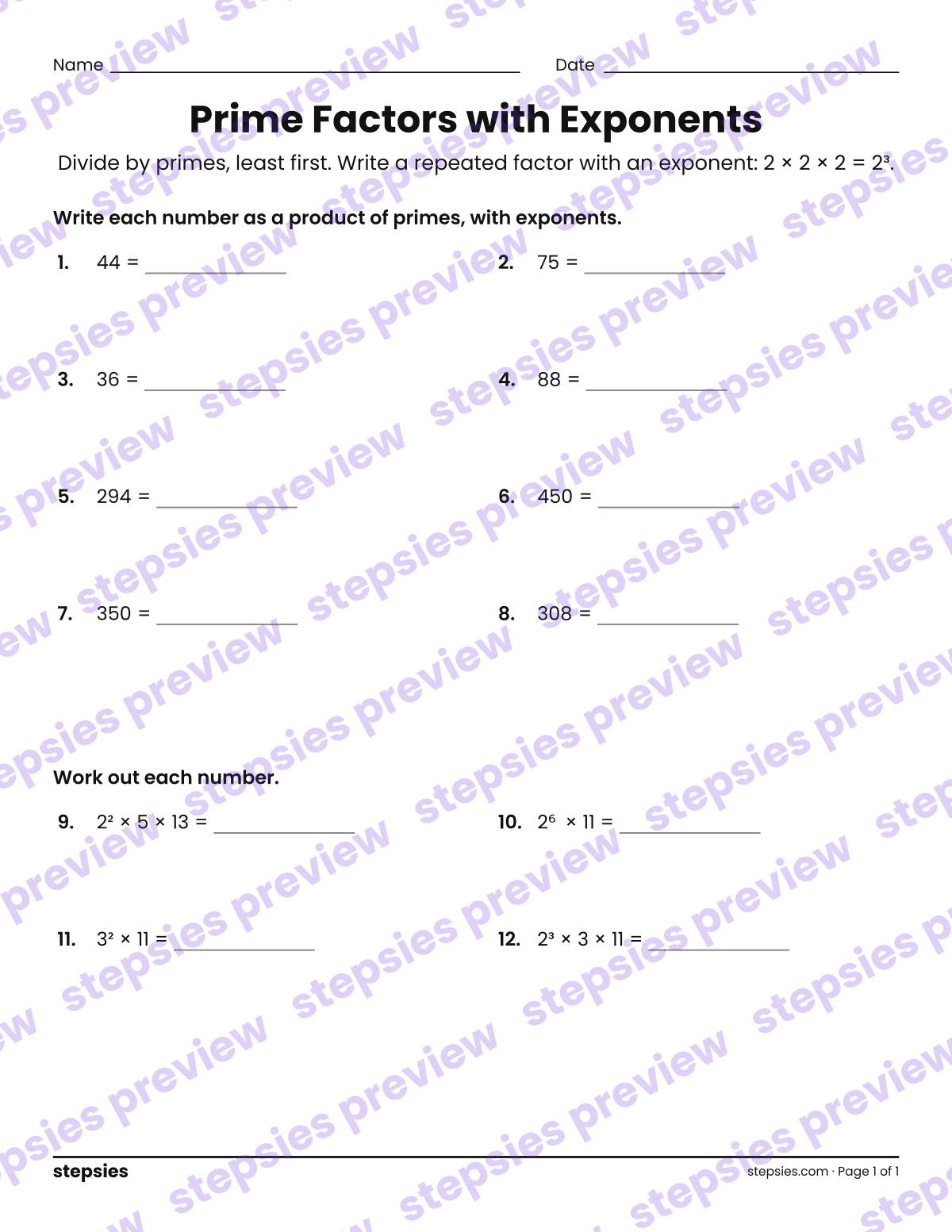 Prime Factors with Exponents: page 1 of a printable Grade 7 Math worksheet