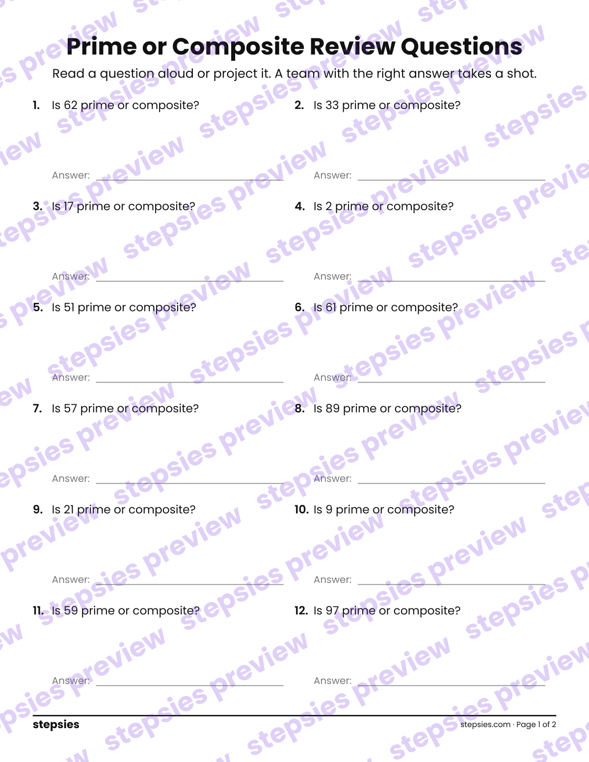 Prime or Composite: Trashketball Review Questions: page 1 of a printable Grade 4 Math worksheet