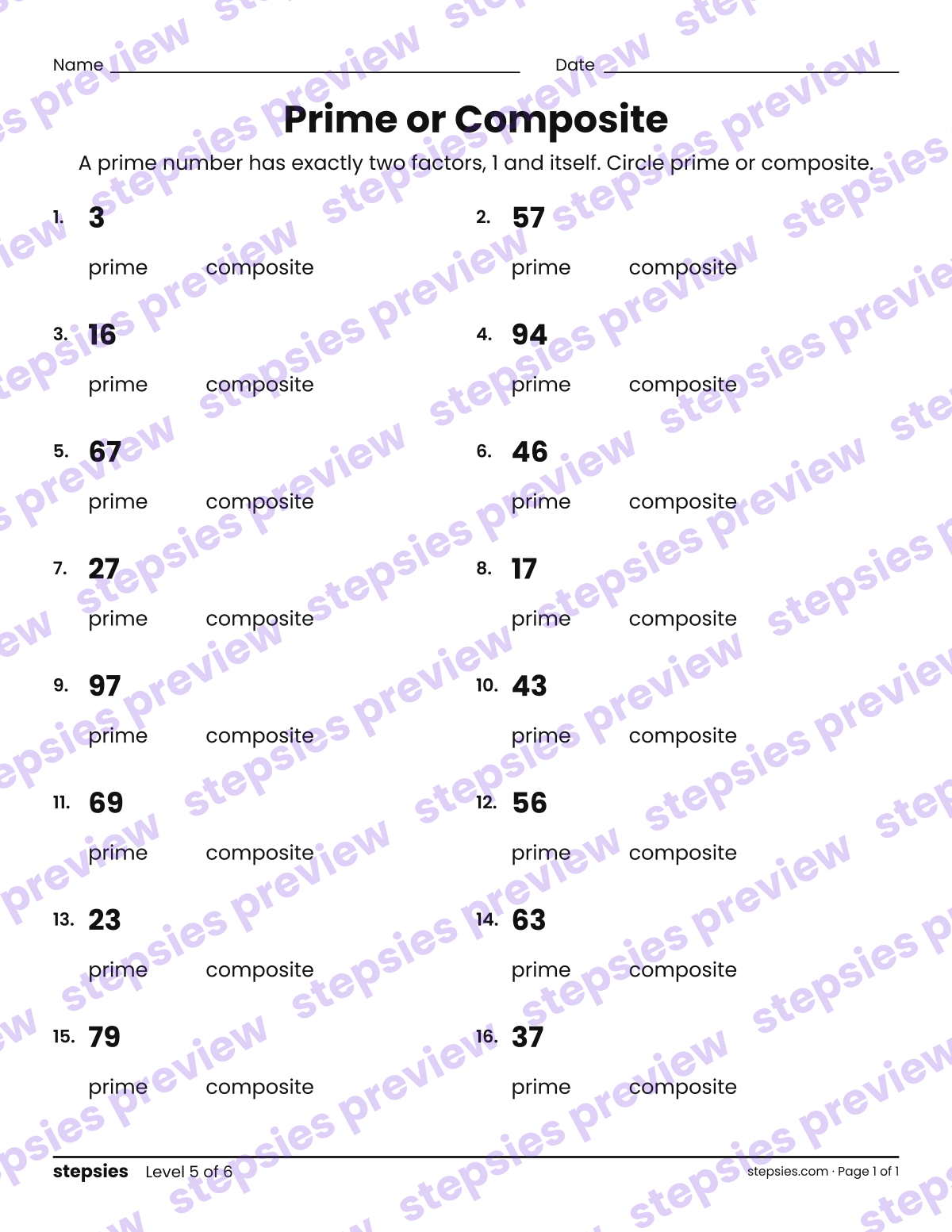 Prime or Composite: page 1 of a printable Grades 4 and 5 Math worksheet