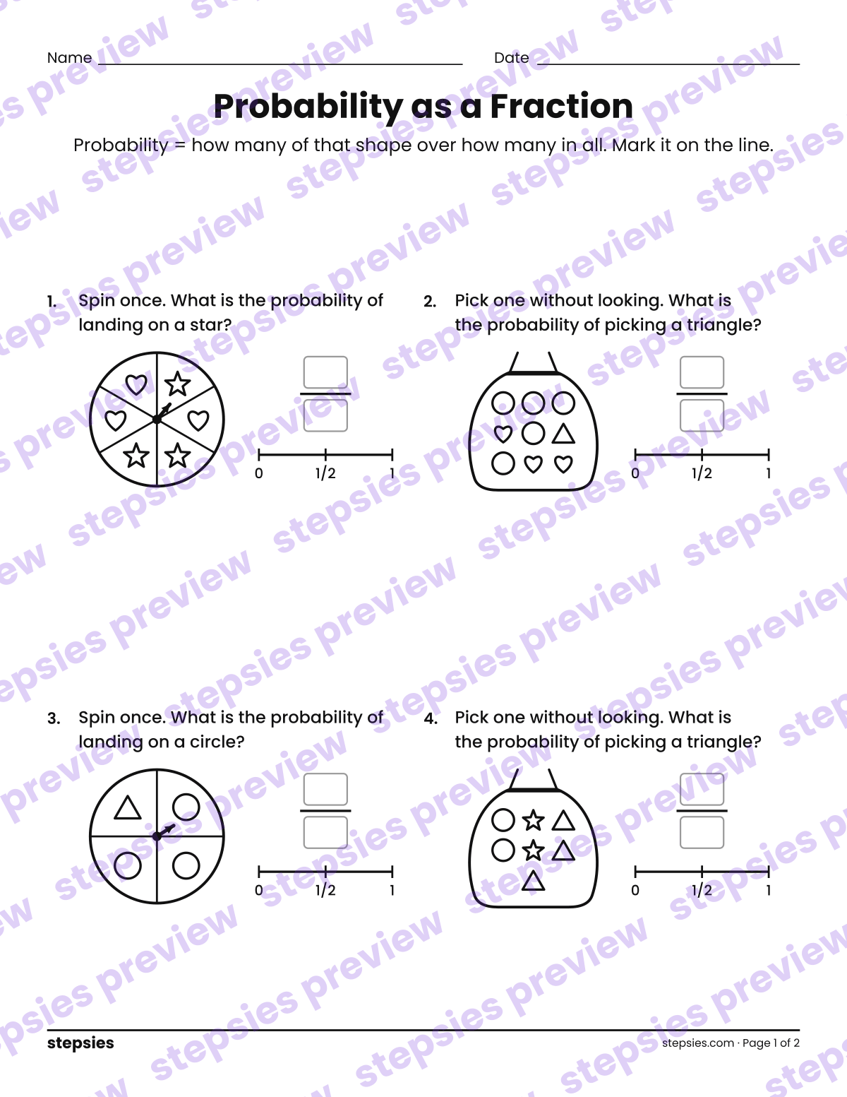 Probability as a Fraction: page 1 of a printable Grade 5 Math worksheet