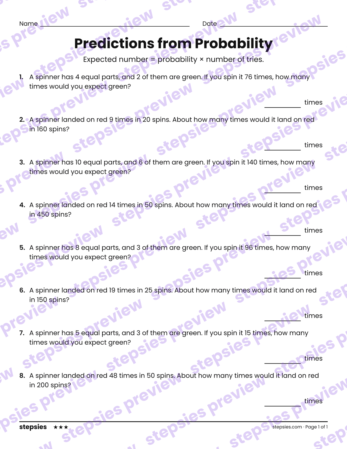 Predictions from Probability: page 1 of a printable Grade 7 Math worksheet