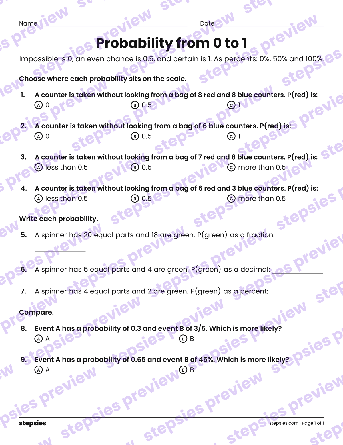 Probability from 0 to 1: page 1 of a printable Grade 6 Math worksheet